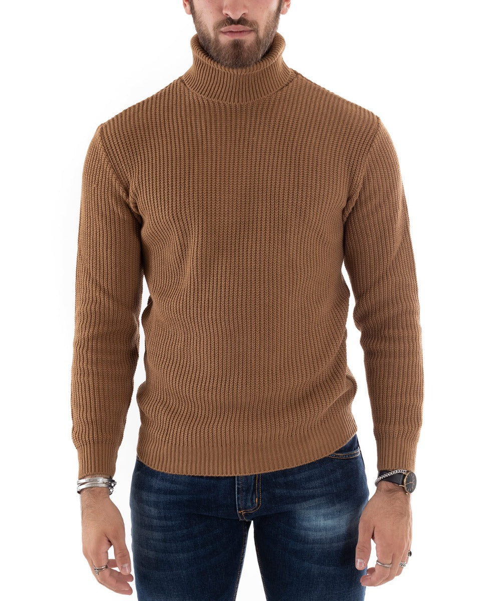 Paul Barrell Men's Pullover Sweater Solid Color Camel High Neck Casual GIOSAL M2358A