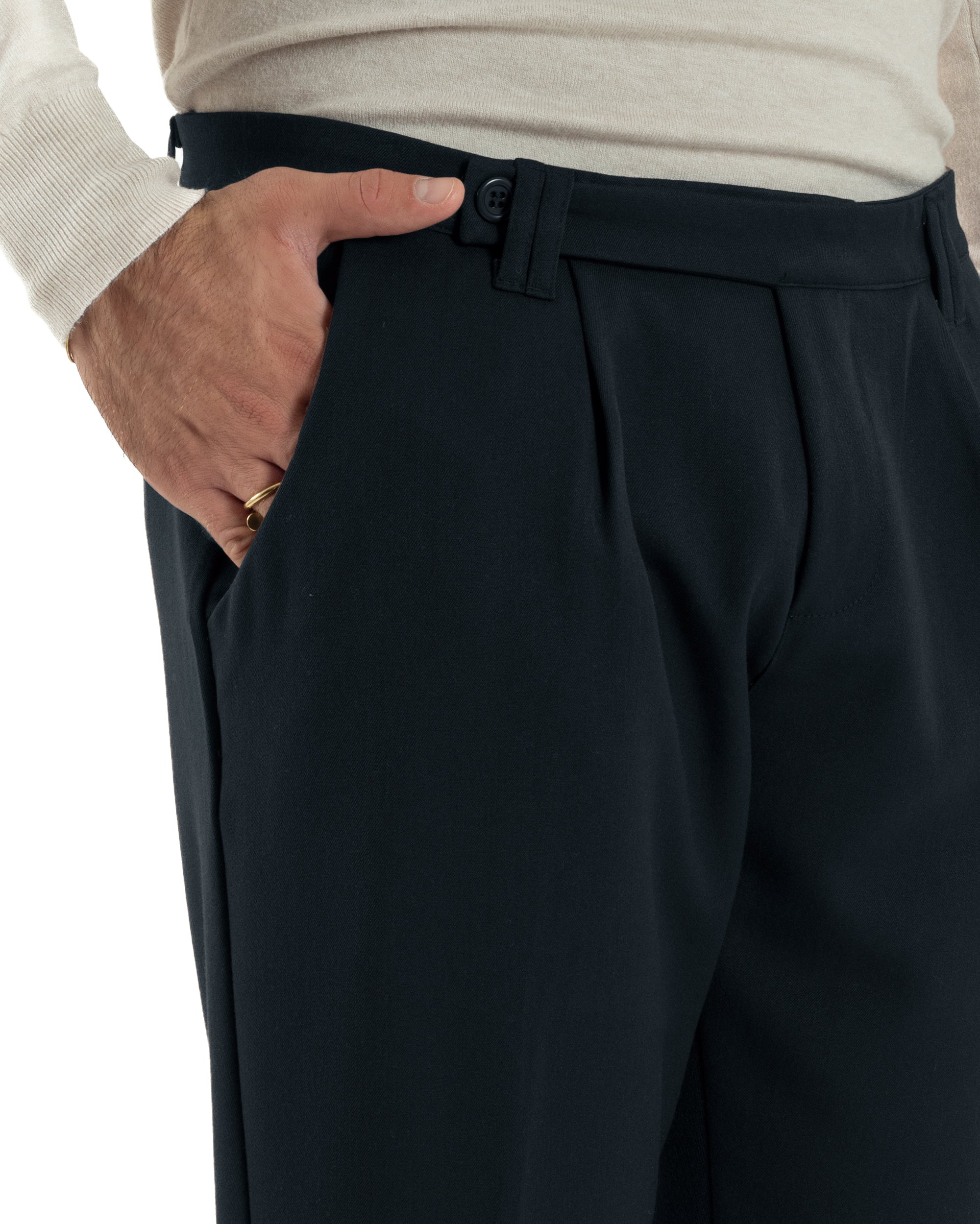 Pantaloni Uomo Viscosa Pinces Classico Abbottonatura Allungata Blu P6394A