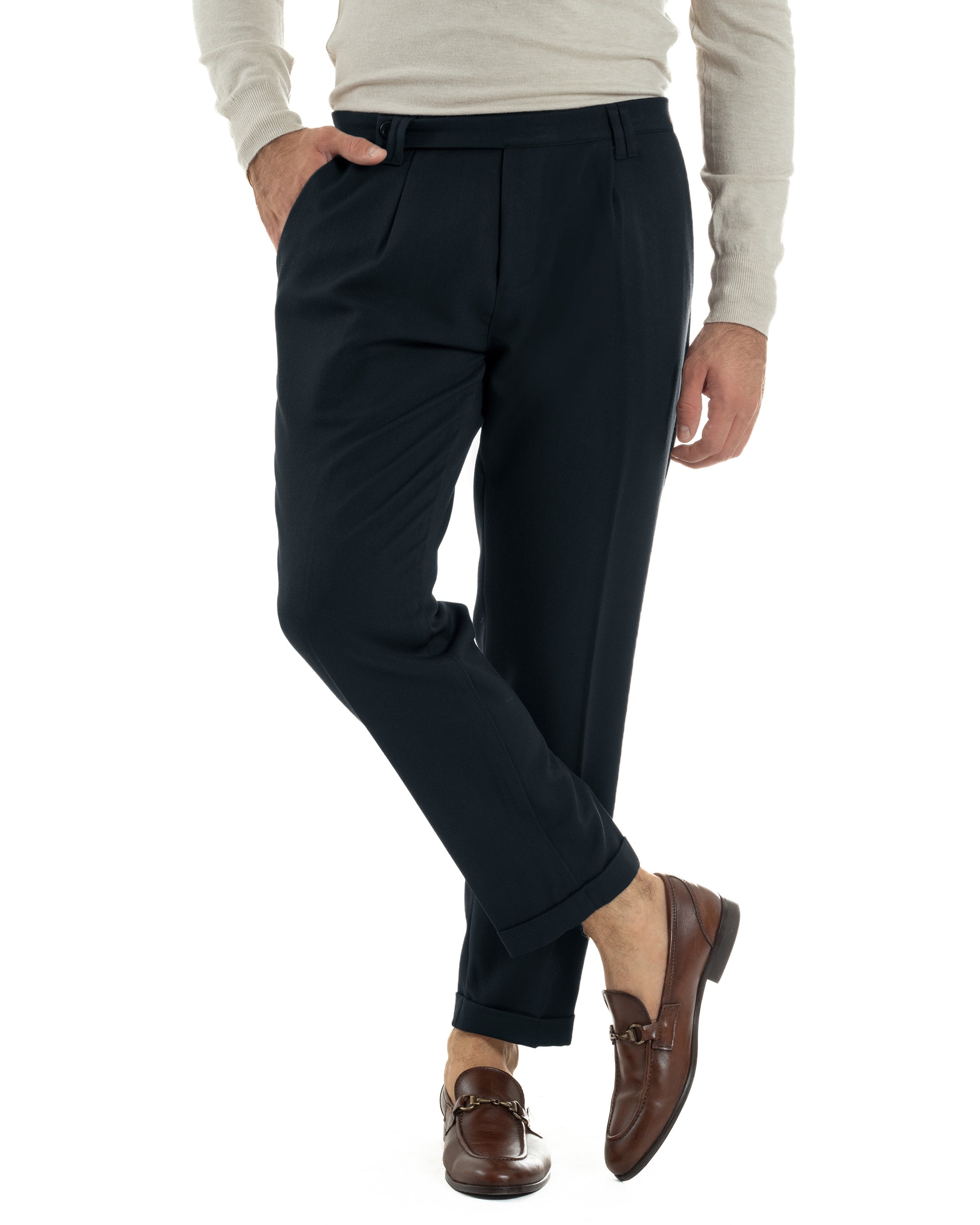 Pantaloni Uomo Viscosa Pinces Classico Abbottonatura Allungata Blu P6394A