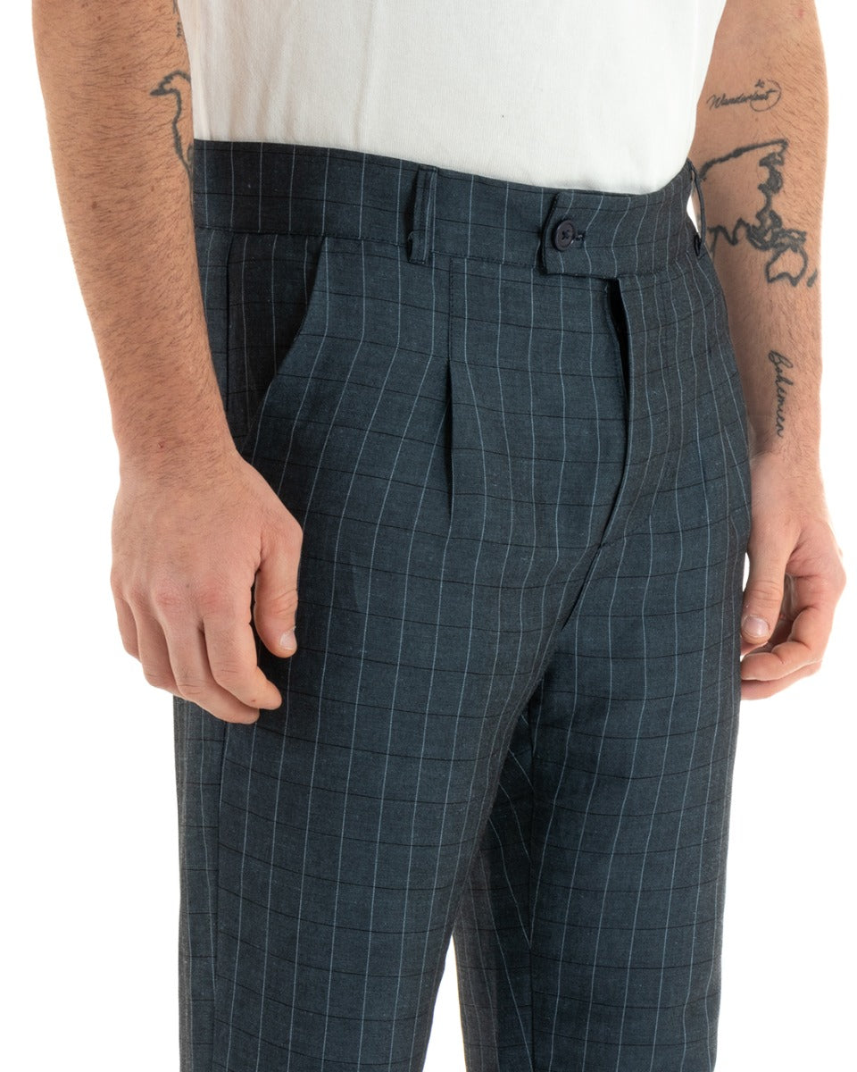 Pantaloni Uomo Tasca America Lino Classico Sartoriale Con Abbottonatura Allungata Con Pinces Scozzese Tartan Blu GIOSAL-P5367A