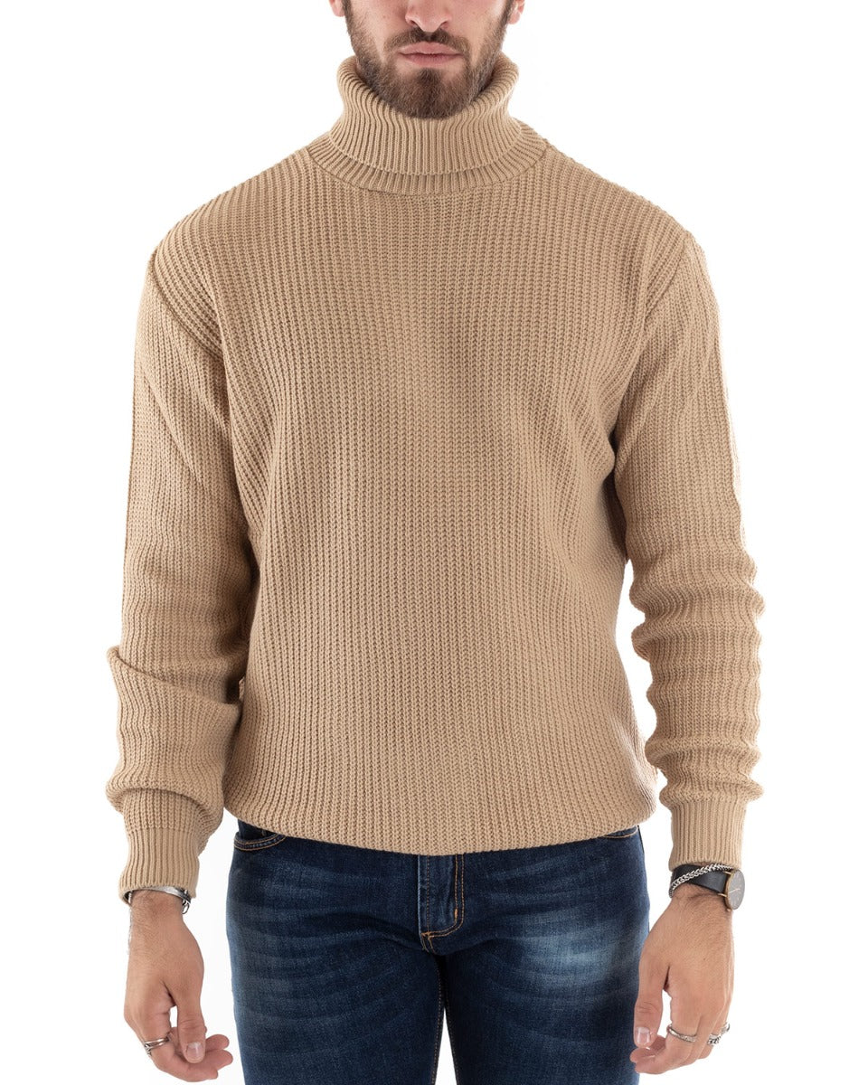Paul Barrell Men's Pullover Sweater Solid Color Beige High Neck Casual GIOSAL M2349A