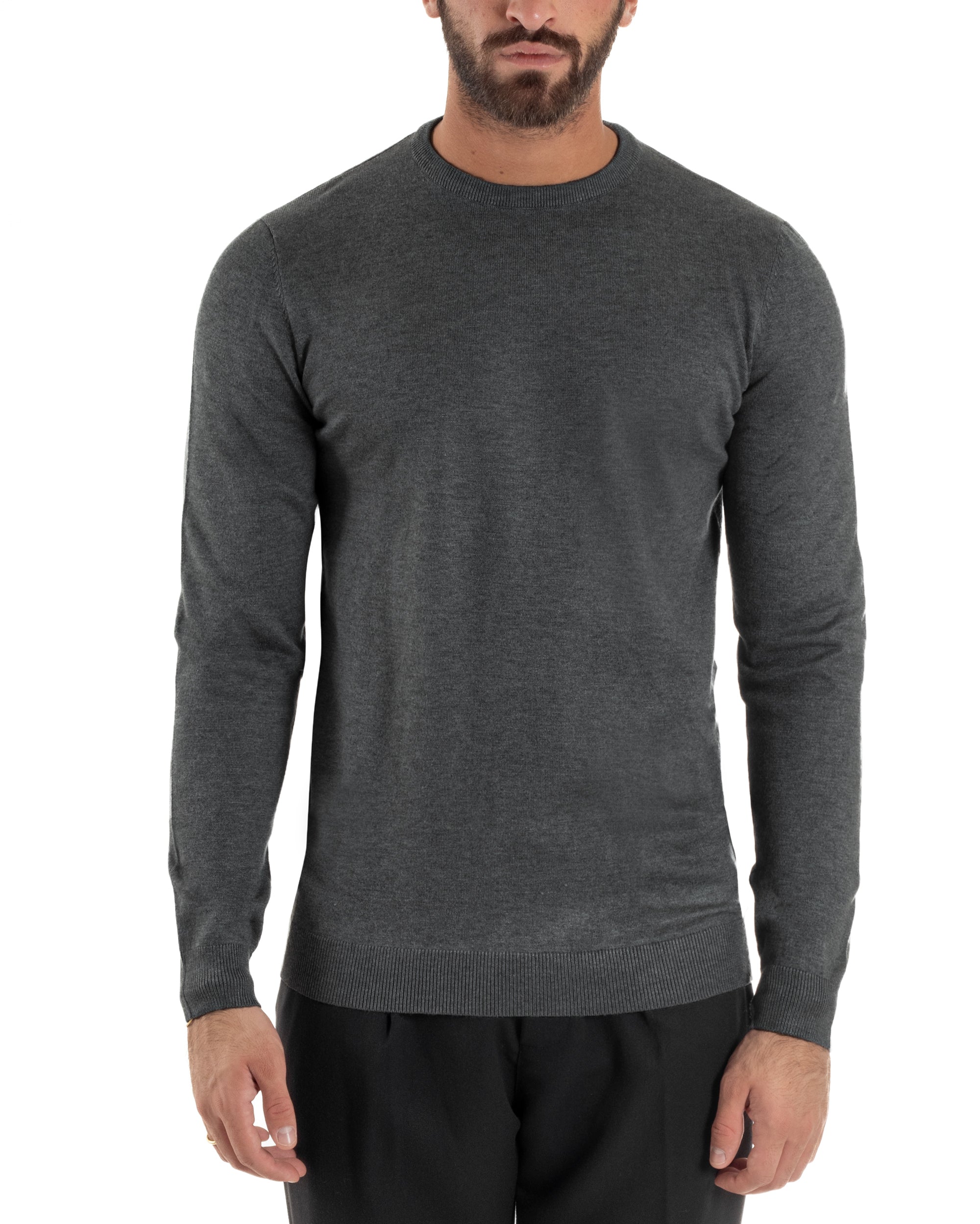 Maglioncino Uomo Girocollo Basic Tinta Unita Grigio Scuro M2500A