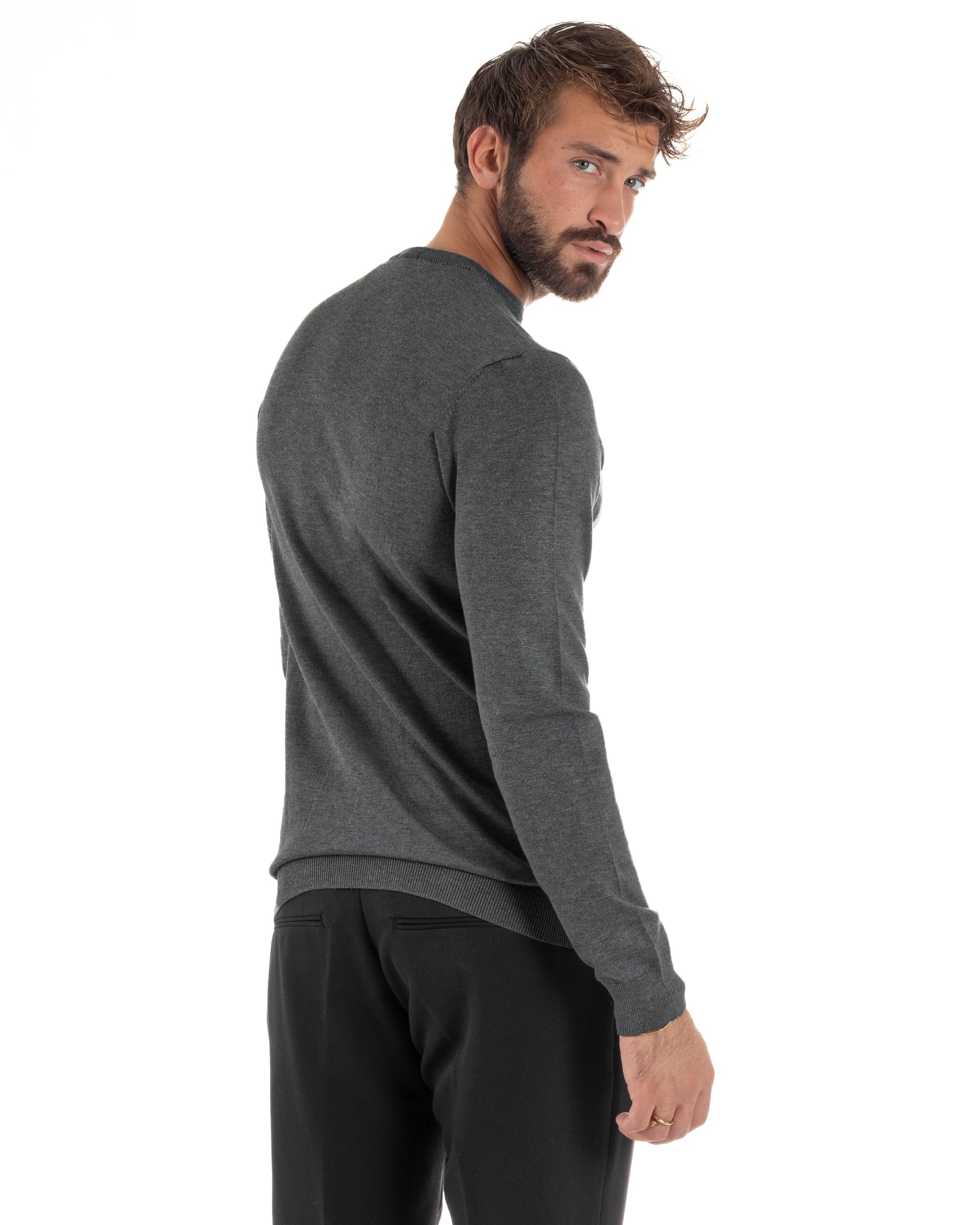 Maglioncino Uomo Girocollo Basic Tinta Unita Grigio Scuro M2500A