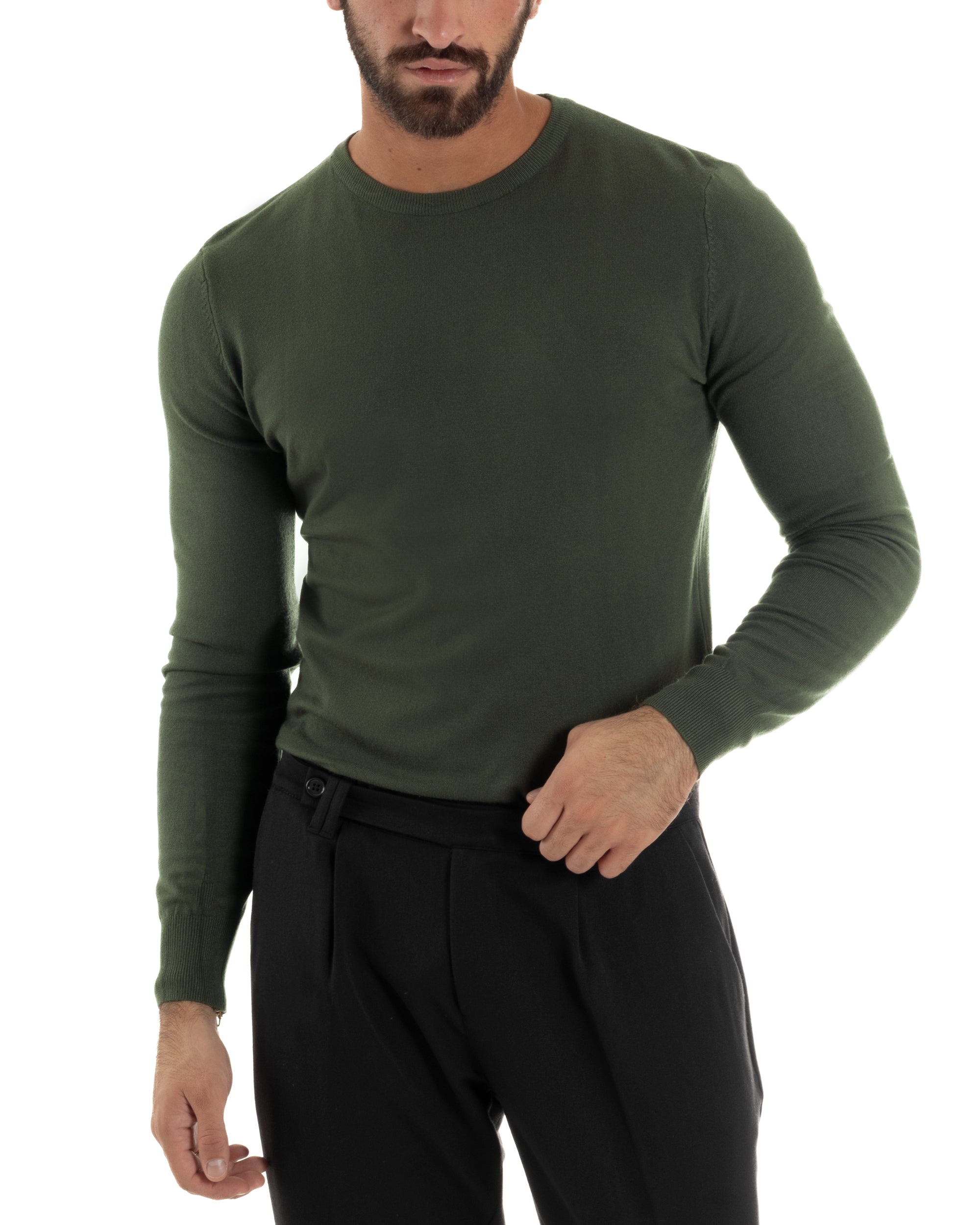 Maglioncino Uomo Girocollo Basic Tinta Unita Verde Militare M2496A