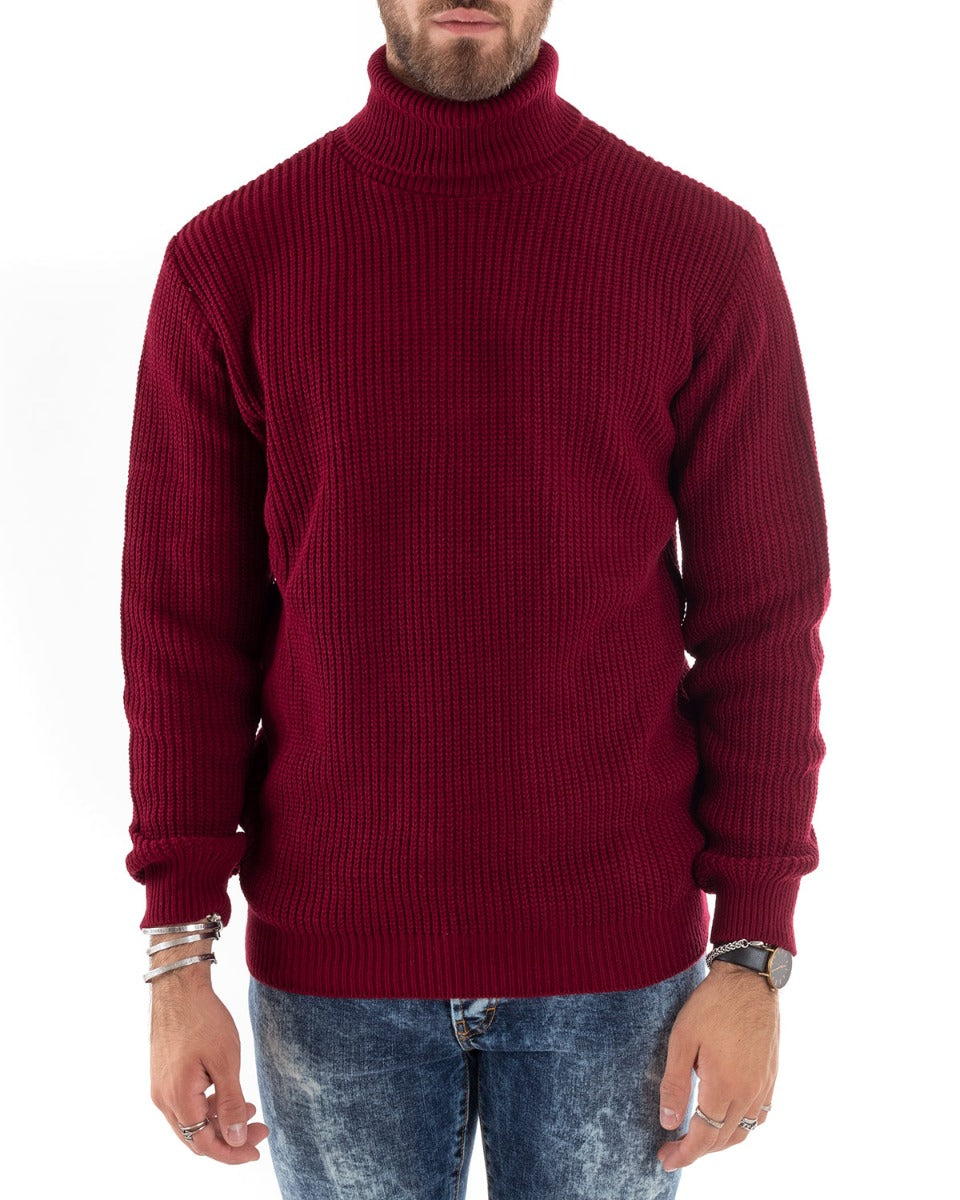 Paul Barrell Men's Pullover Sweater Solid Color Burgundy High Neck Casual GIOSAL M2357A