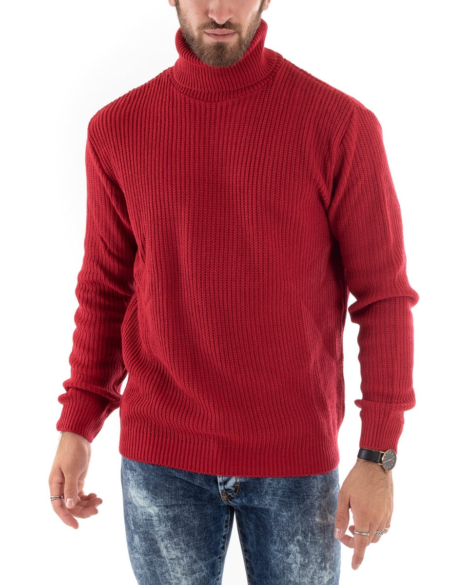 Paul Barrell Men's Pullover Sweater Solid Color Red High Neck Casual GIOSAL M2350A