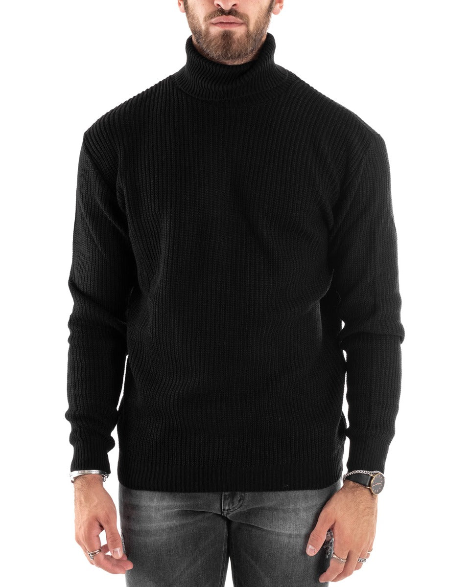 Paul Barrell Men's Pullover Sweater Solid Color Black High Neck Casual GIOSAL M2345A