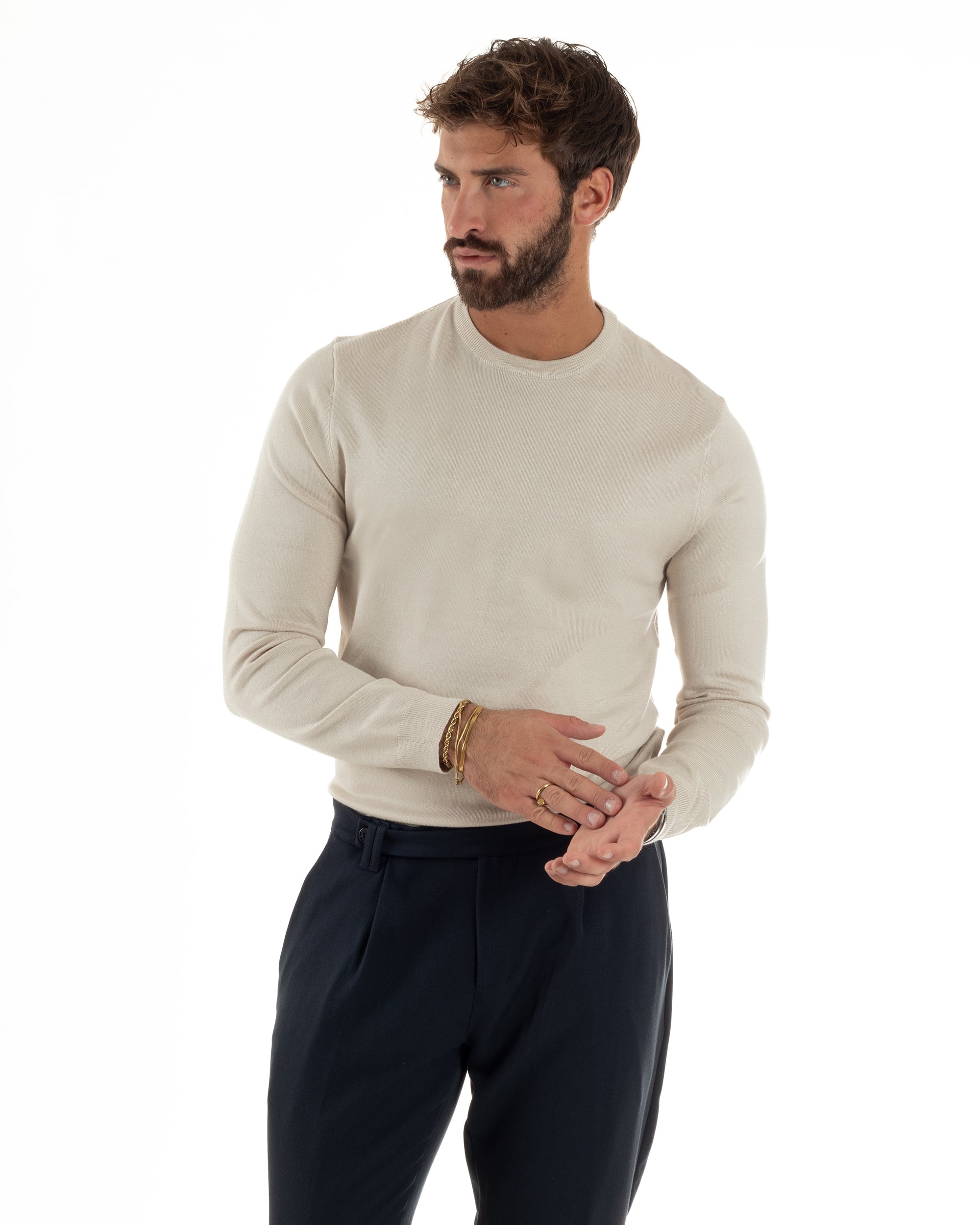Maglioncino Uomo Girocollo Basic Tinta Unita Beige M2512A