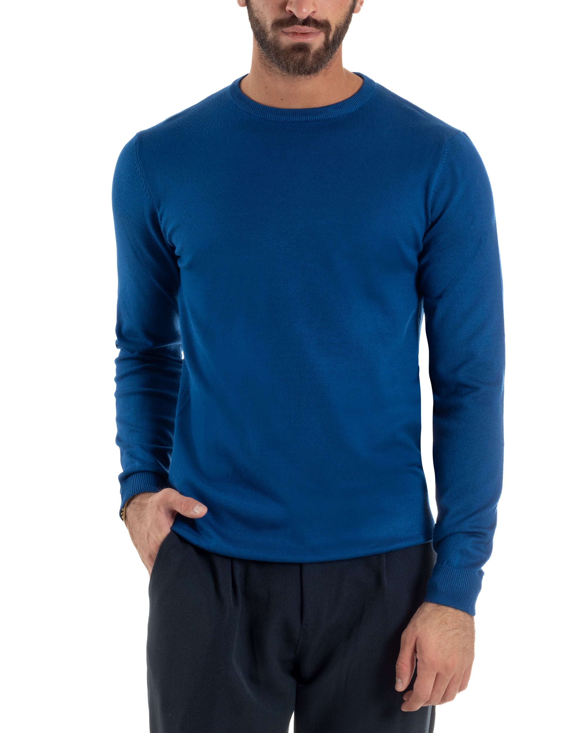Maglioncino Uomo  Girocollo Basic Tinta Unita Blu Royal M2502A