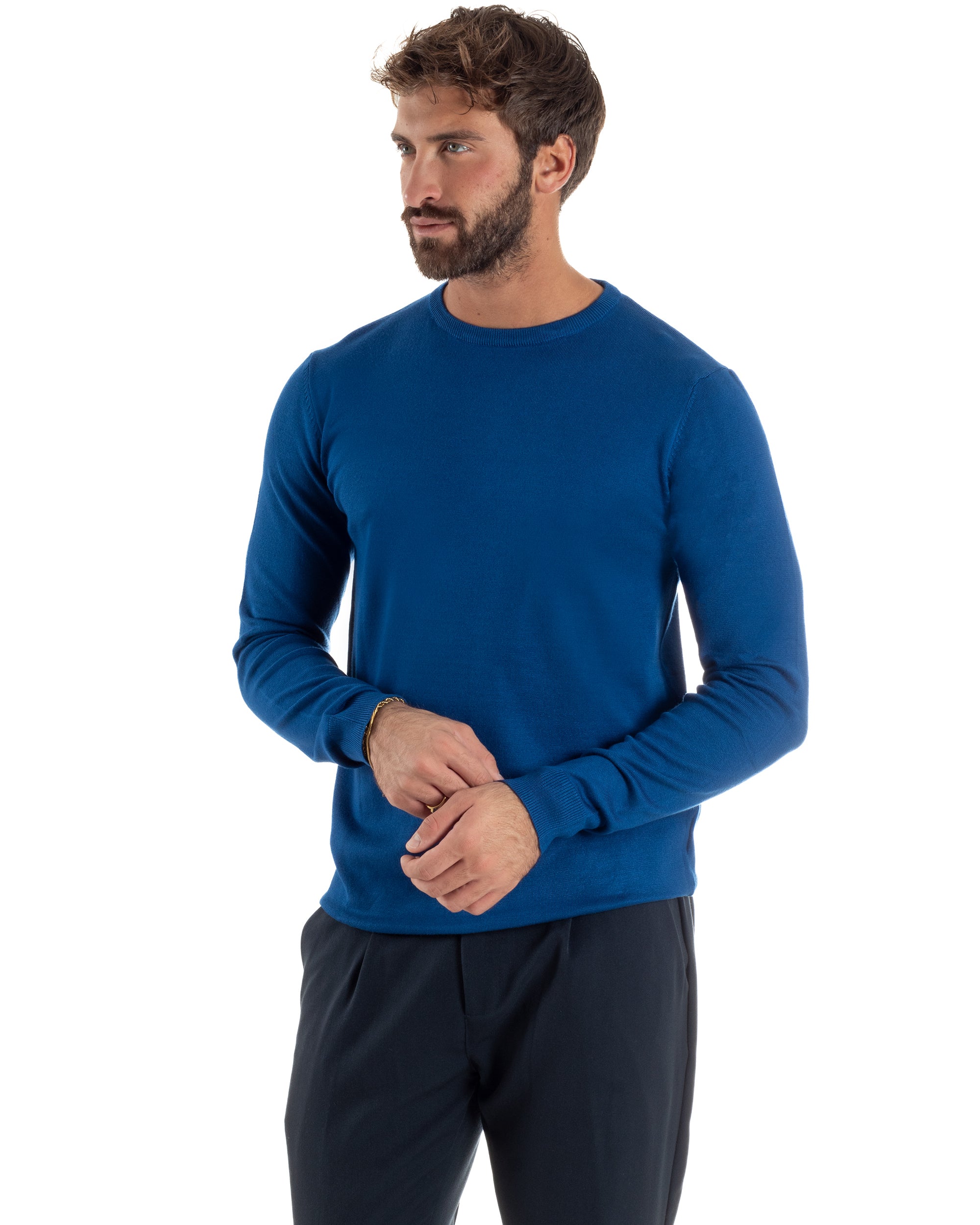 Maglioncino Uomo  Girocollo Basic Tinta Unita Blu Royal M2502A