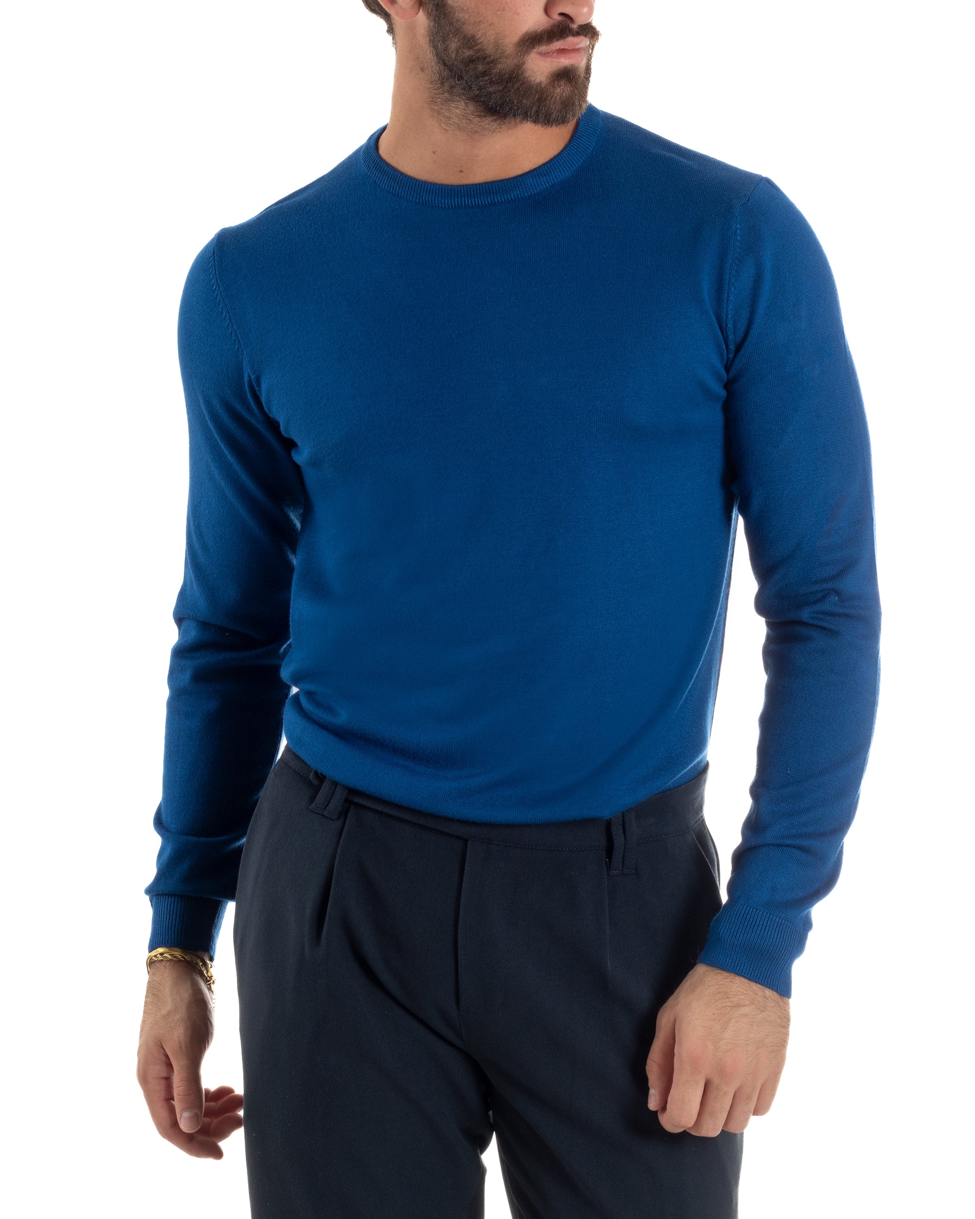 Maglioncino Uomo  Girocollo Basic Tinta Unita Blu Royal M2502A