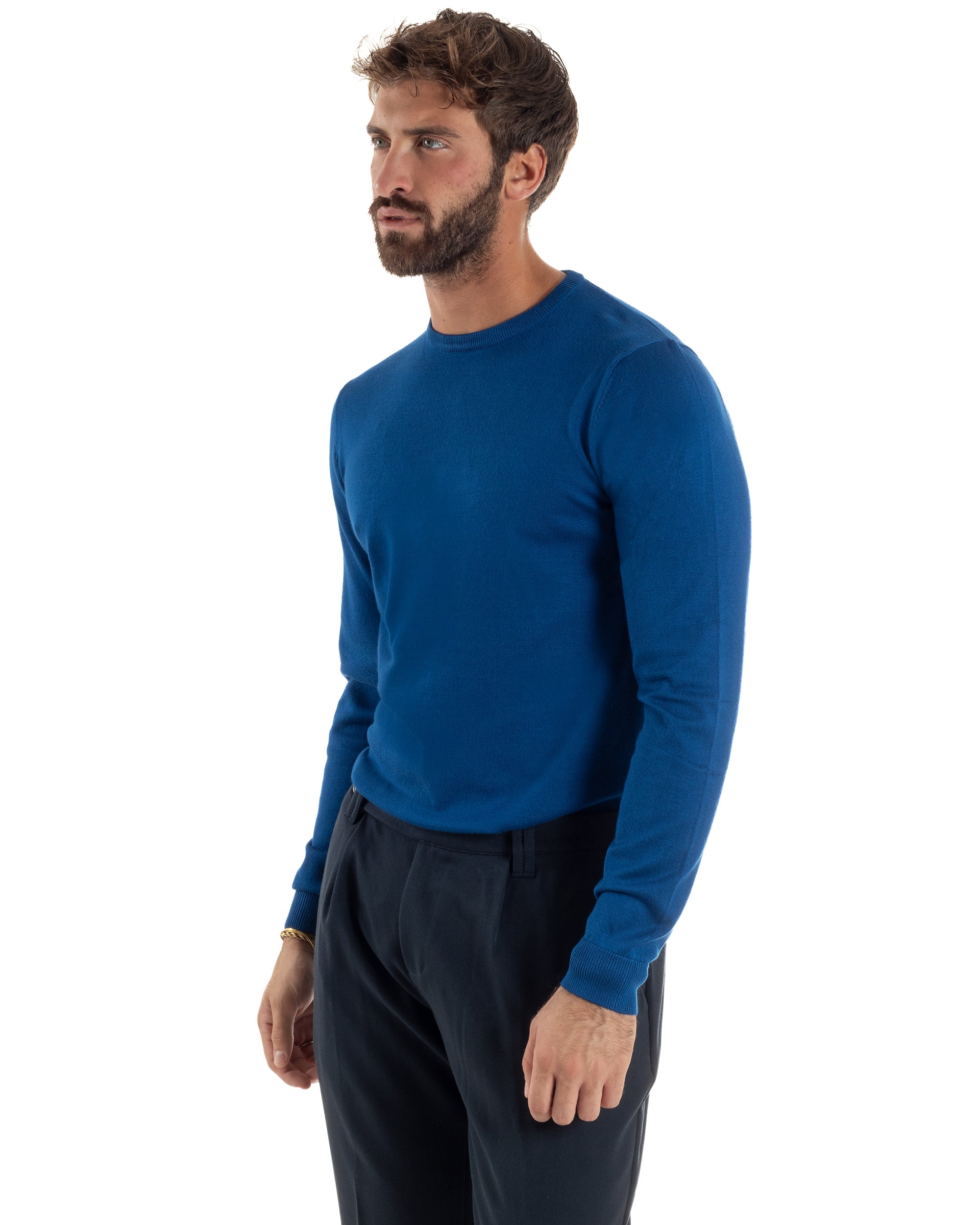 Maglioncino Uomo  Girocollo Basic Tinta Unita Blu Royal M2502A