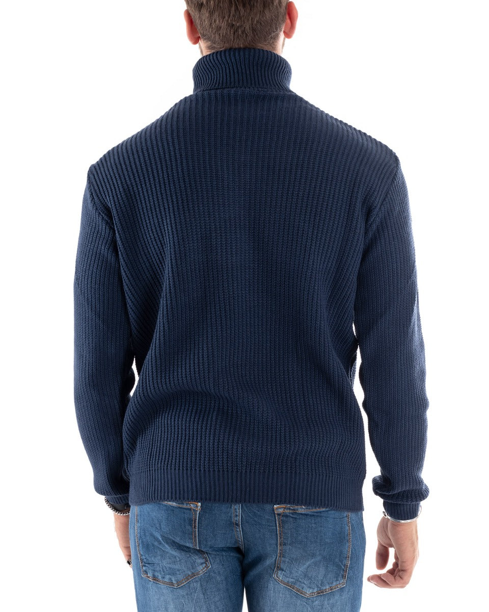 Paul Barrell Men's Pullover Sweater Solid Color Blue High Neck Casual GIOSAL M2348A