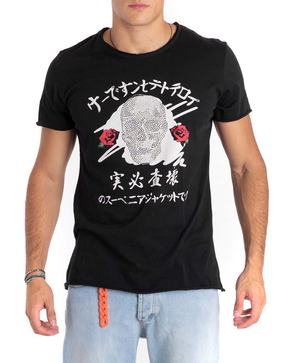 Men's Black Skull Print T-Shirt MOD Round Neck Short Sleeve GIOSAL TS2654A