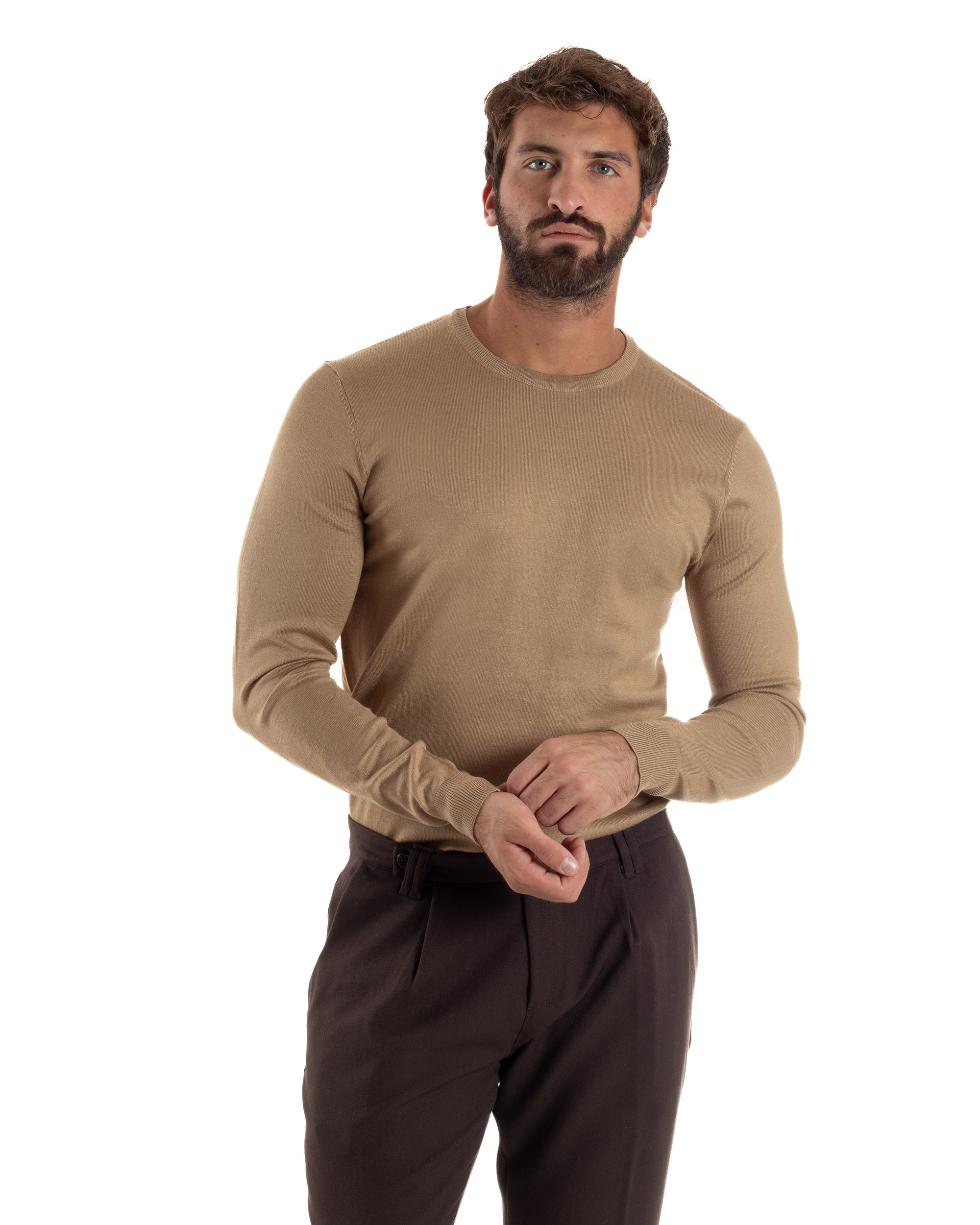 Maglioncino Uomo Girocollo Basic Tinta Unita Camel M2499A