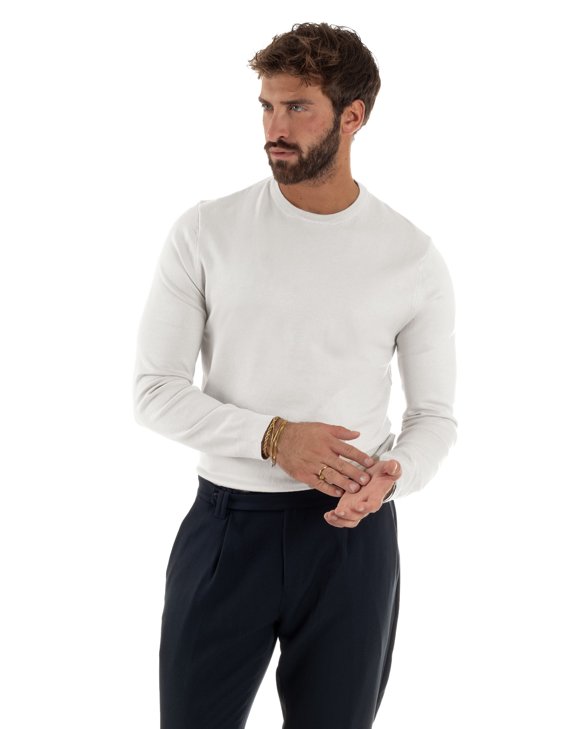 Maglioncino Uomo Girocollo Basic Tinta Unita Bianco M2506A