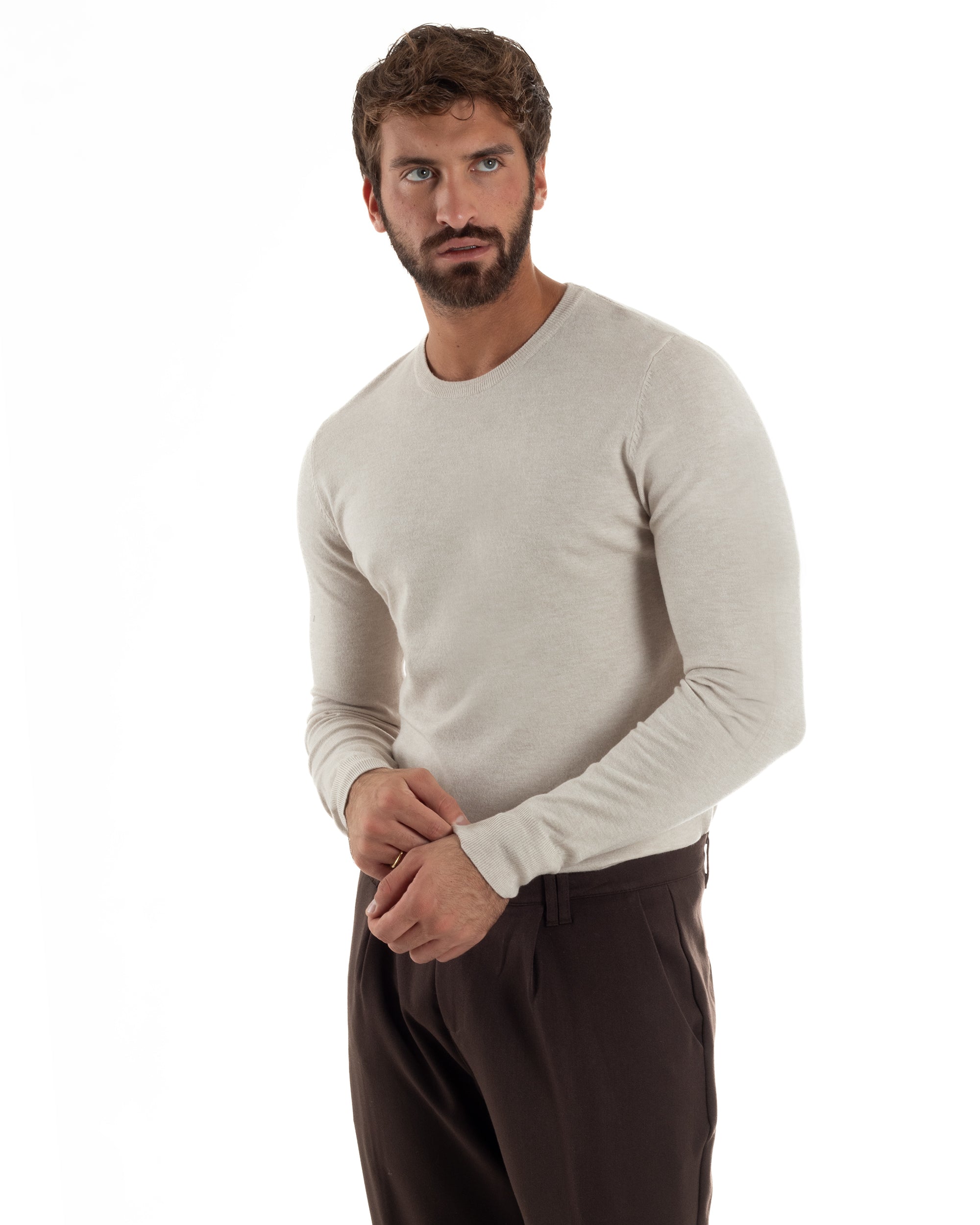 Maglioncino Uomo Girocollo Basic Tinta Unita Beige Melangiato M2571A
