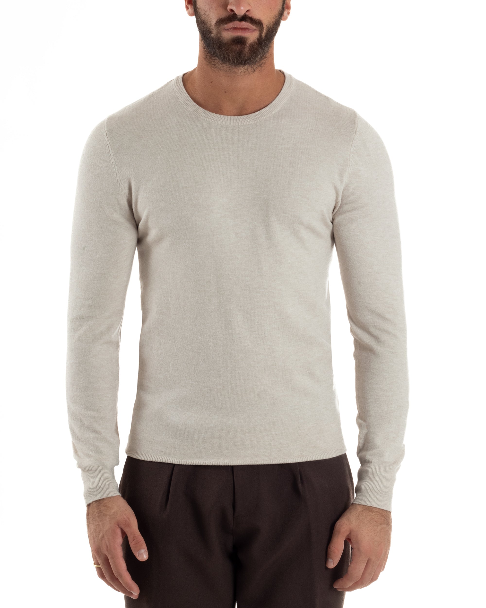 Maglioncino Uomo Girocollo Basic Tinta Unita Beige Melangiato M2571A