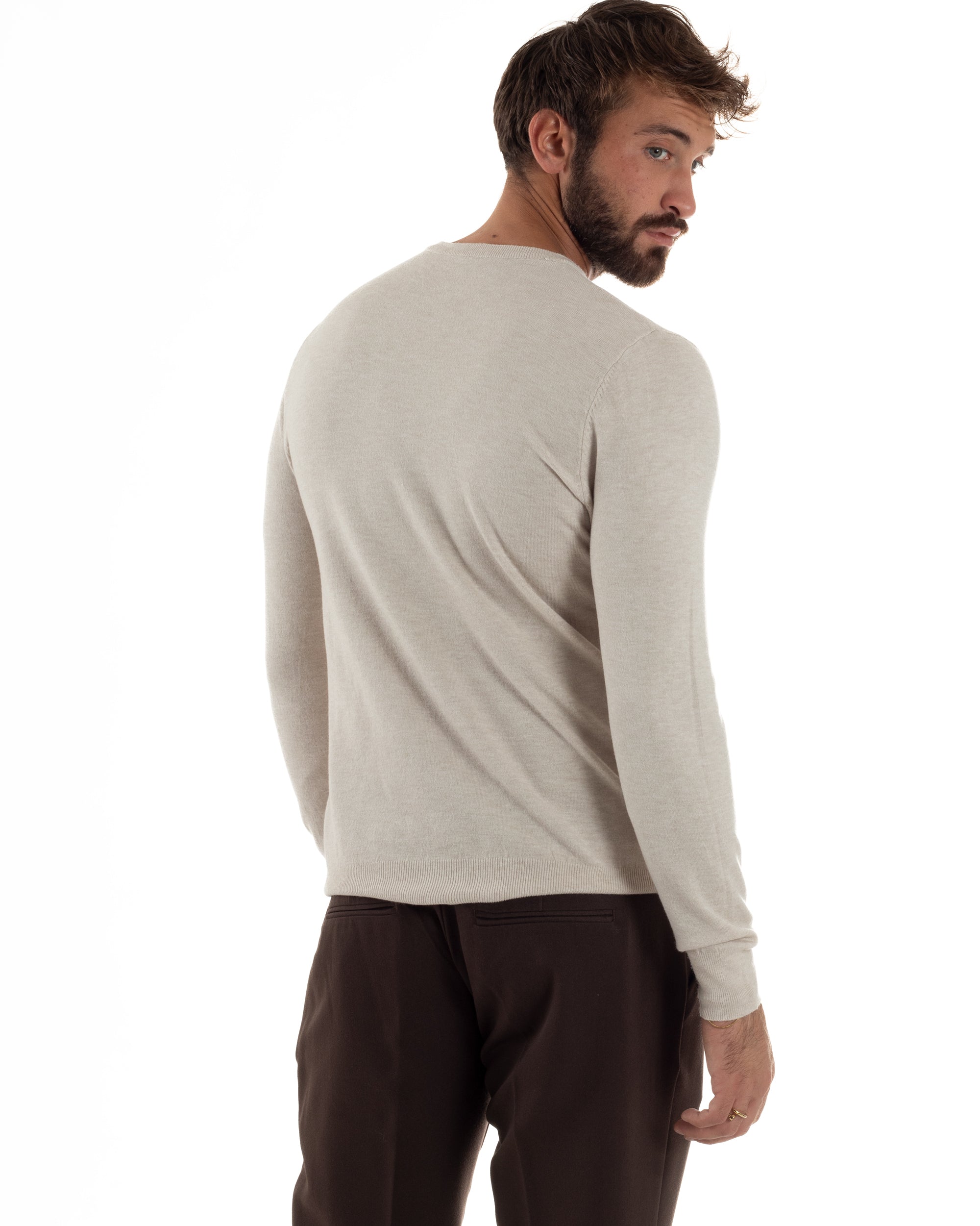 Maglioncino Uomo Girocollo Basic Tinta Unita Beige Melangiato M2571A