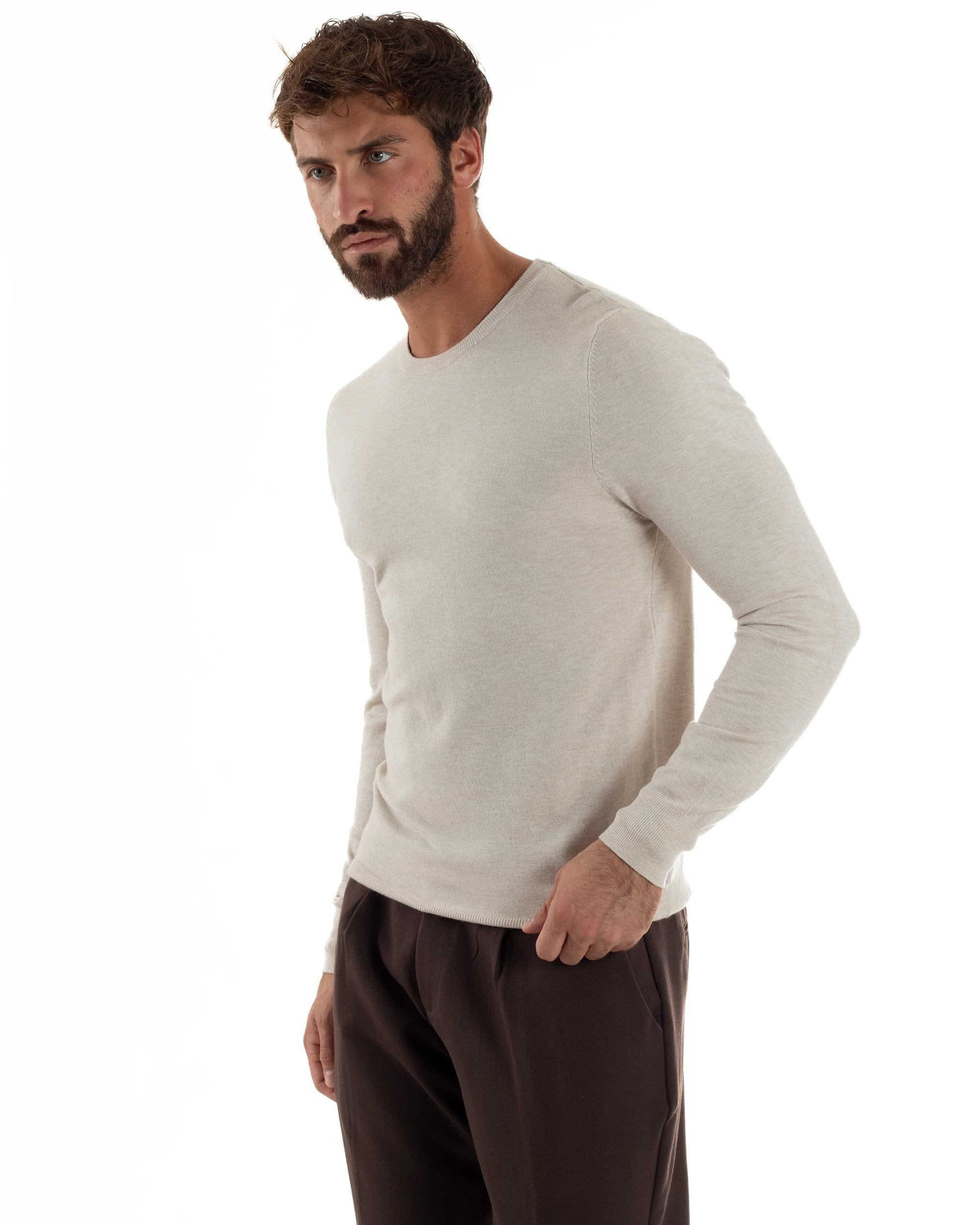 Maglioncino Uomo Girocollo Basic Tinta Unita Beige Melangiato M2571A