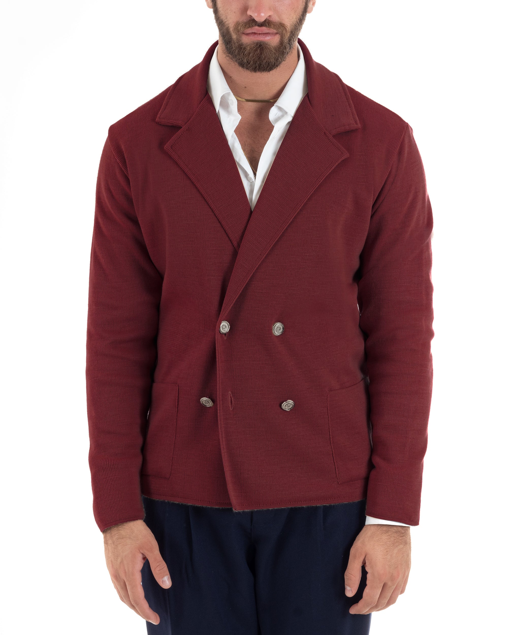 Cardigan Uomo Doppiopetto Giacca Con Bottoni Metallo Maglia Links Bordeaux M3041A