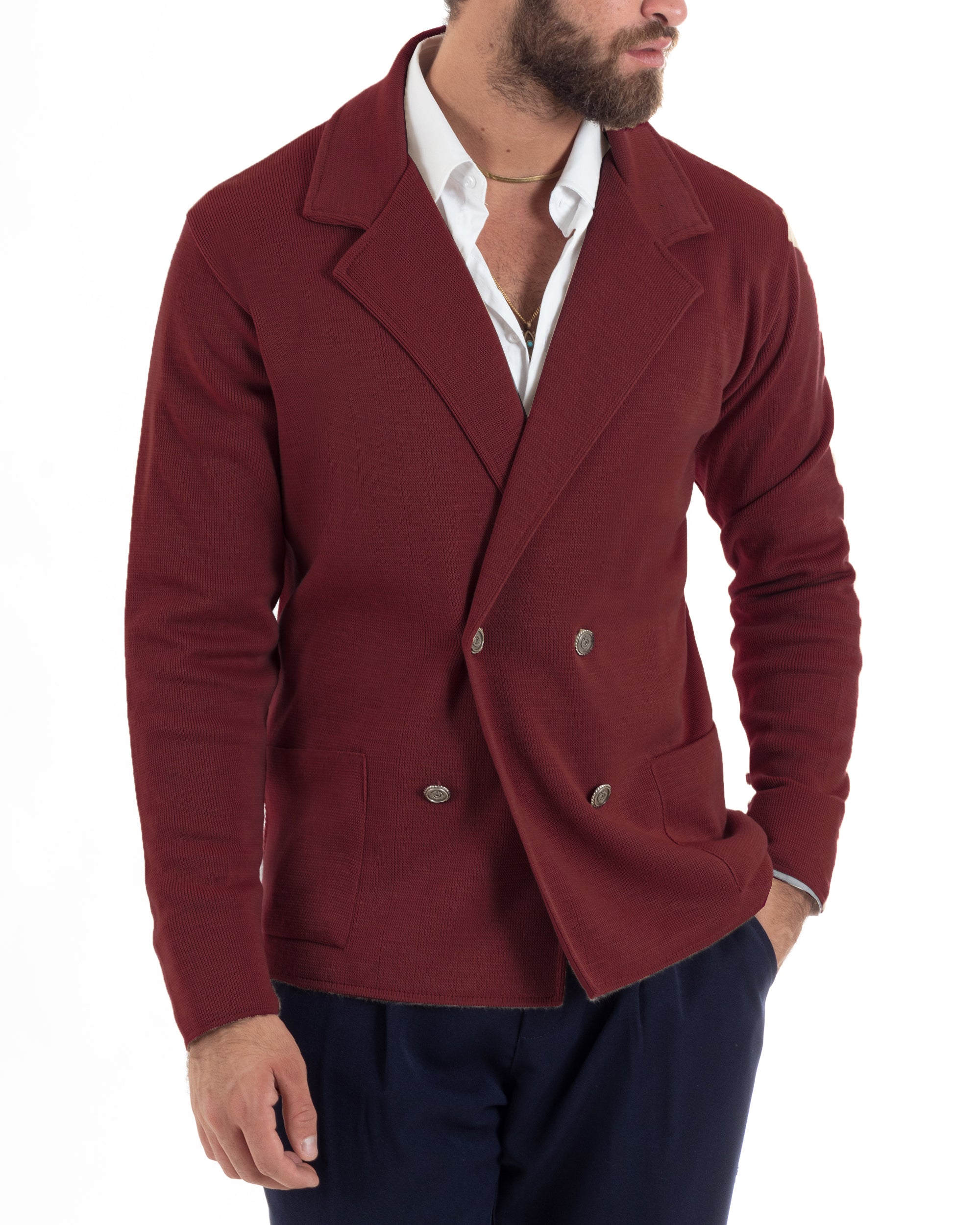 Cardigan Uomo Doppiopetto Giacca Con Bottoni Metallo Maglia Links Bordeaux M3041A