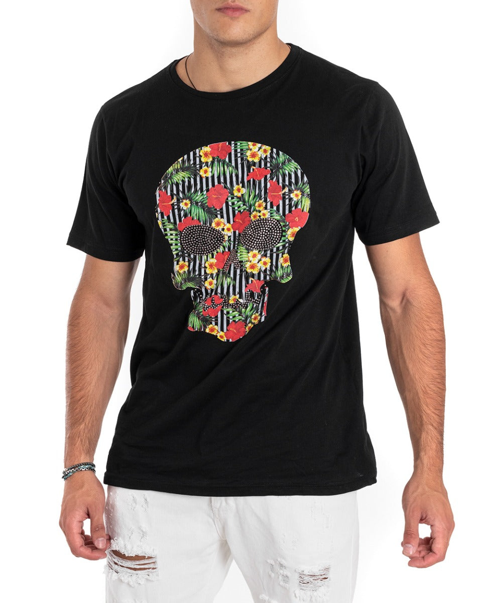 MOD Long Men's T-Shirt Black Skeleton Print Flower Decoration Half Sleeve GIOSAL TS2658A