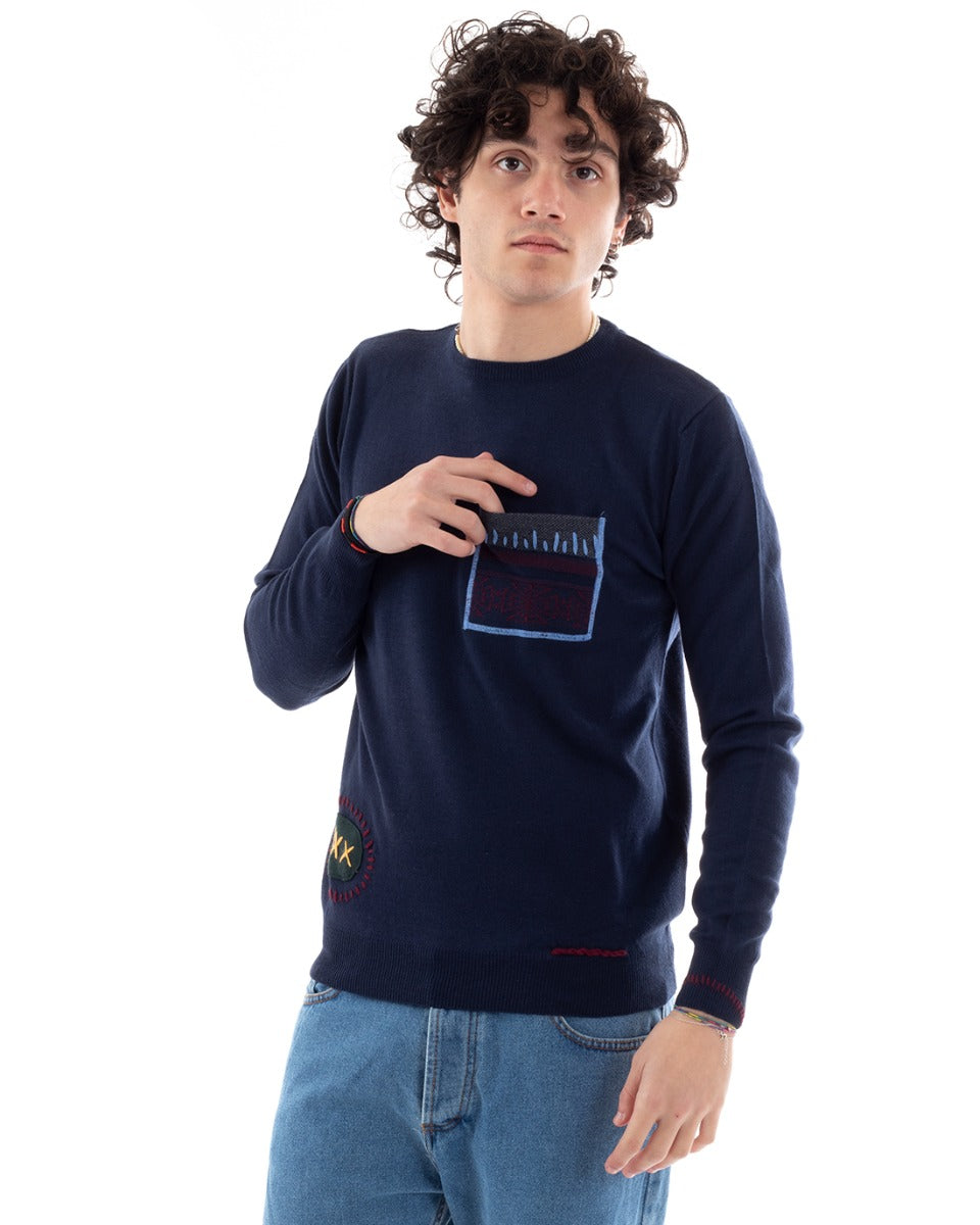 Maglione uomo Akirò Lana Pullover con Taschino e Toppe Maglia girocollo  slim 74