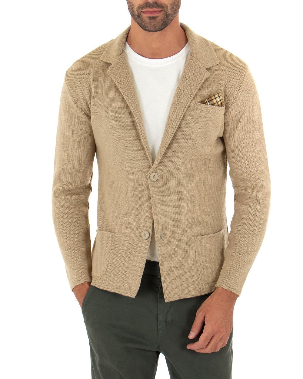 Cardigan Uomo Giacca Con Bottoni Maglia Maglioncino Tinta Unita Beige Casual GIOSAL-M2667A