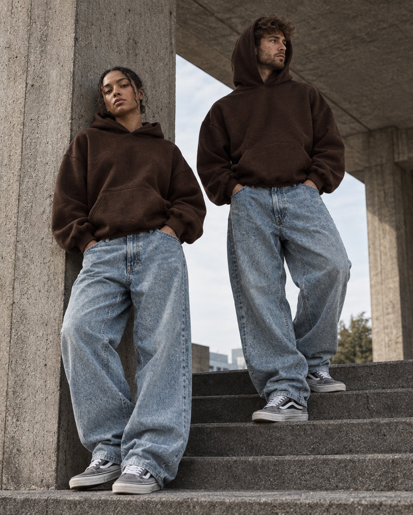 Felpa Con Cappuccio Uomo Boxy Fit Basic Felpata Comoda Marrone F3052A