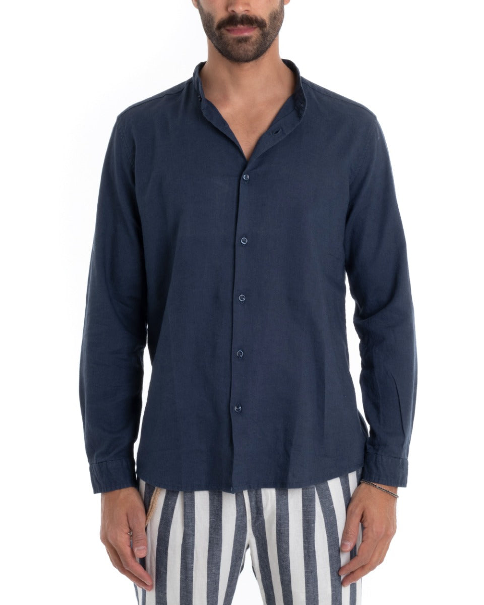 Camicia Uomo Collo Coreano Manica Lunga Lino Tinta Unita Sartoriale Blu GIOSAL-C1946A