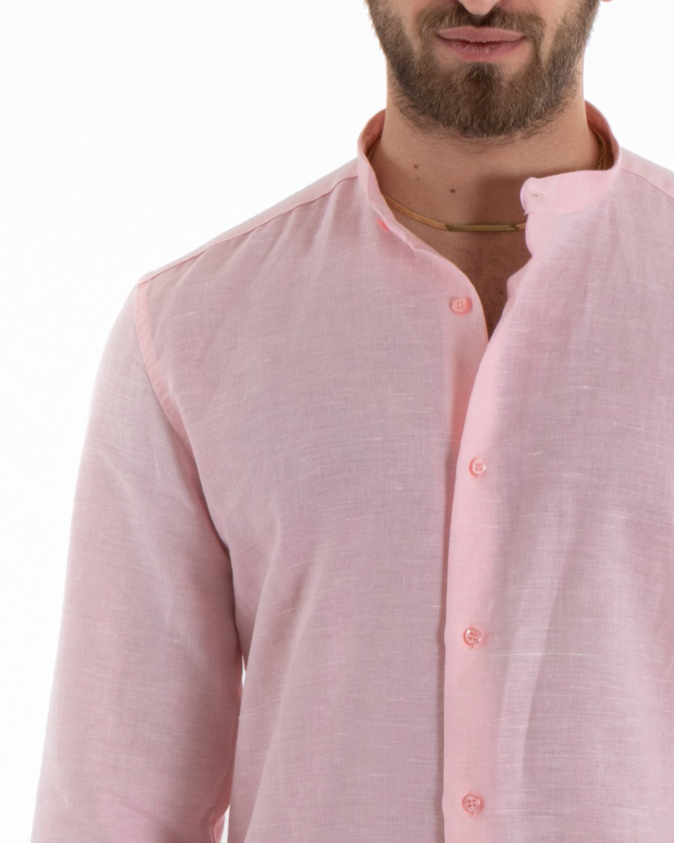 Camicia Uomo Collo Coreano Manica Lunga Lino Tinta Unita Sartoriale Rosa GIOSAL-C2679A