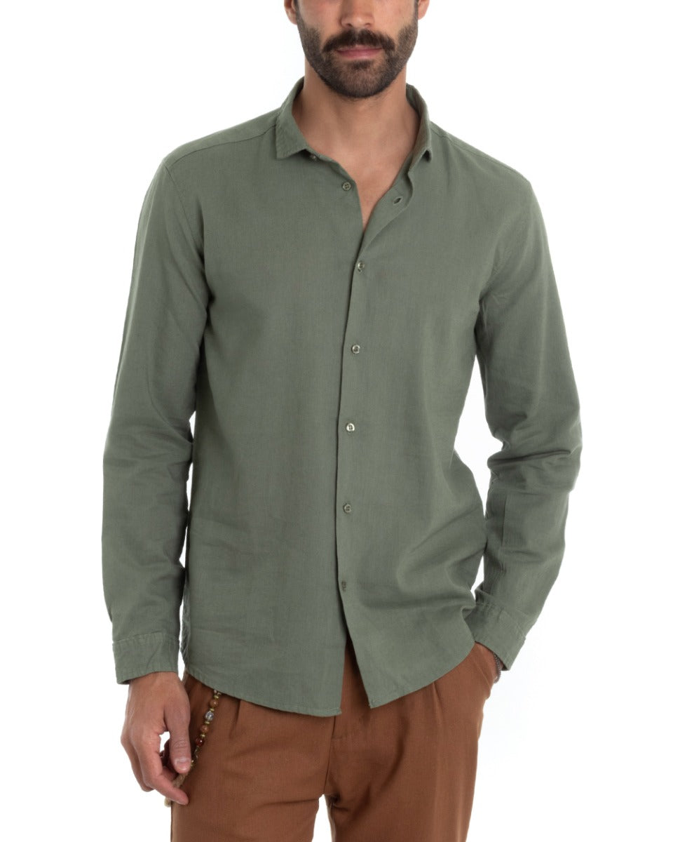 Camicia Uomo Con Colletto Francese Manica Lunga Lino Tinta Unita Sartoriale Verde Militare GIOSAL-C2007A