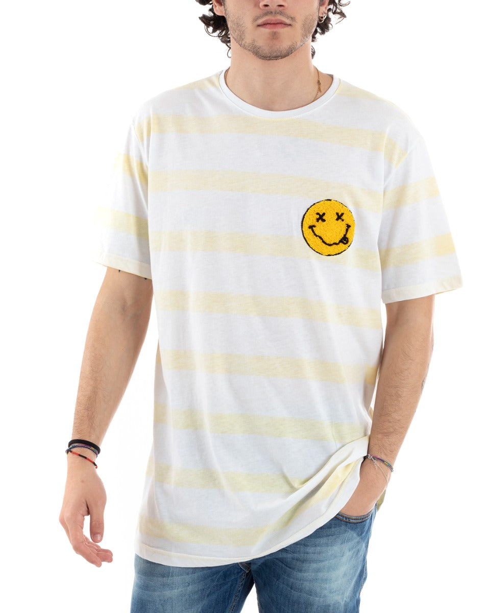 MOD Men's T-Shirt Striped Yellow White Smile Emoticon Short Sleeve GIOSAL