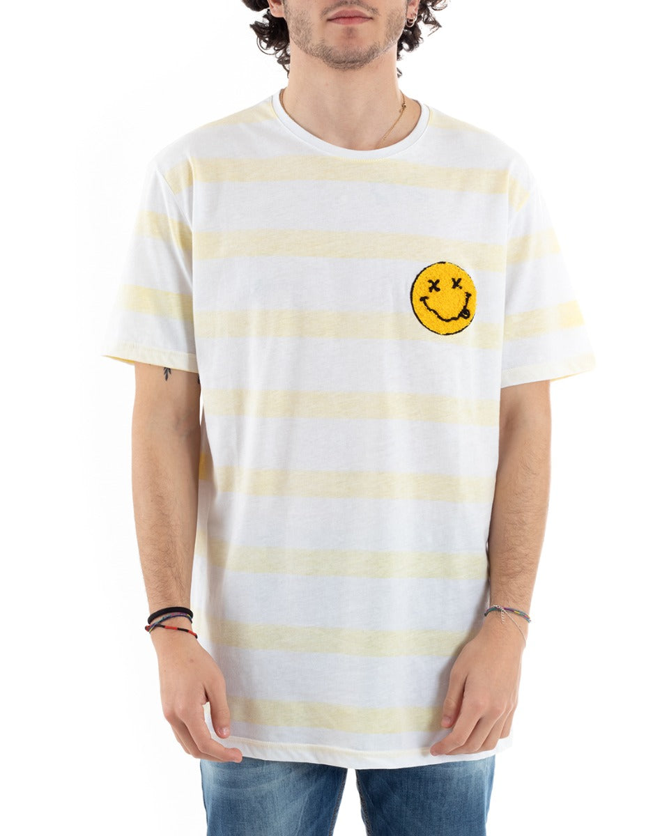 MOD Men's T-Shirt Striped Yellow White Smile Emoticon Short Sleeve GIOSAL