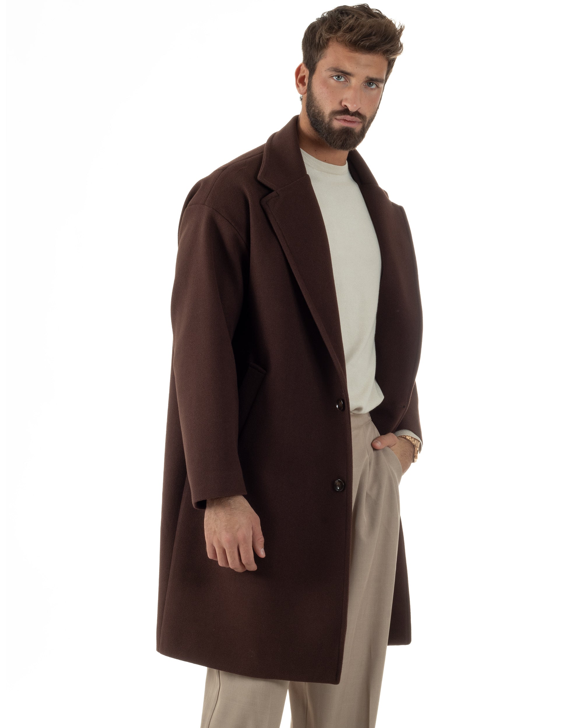 Cappotto Uomo Oversize Monopetto Maniche Raglan Collo Rever Marrone CO1076A