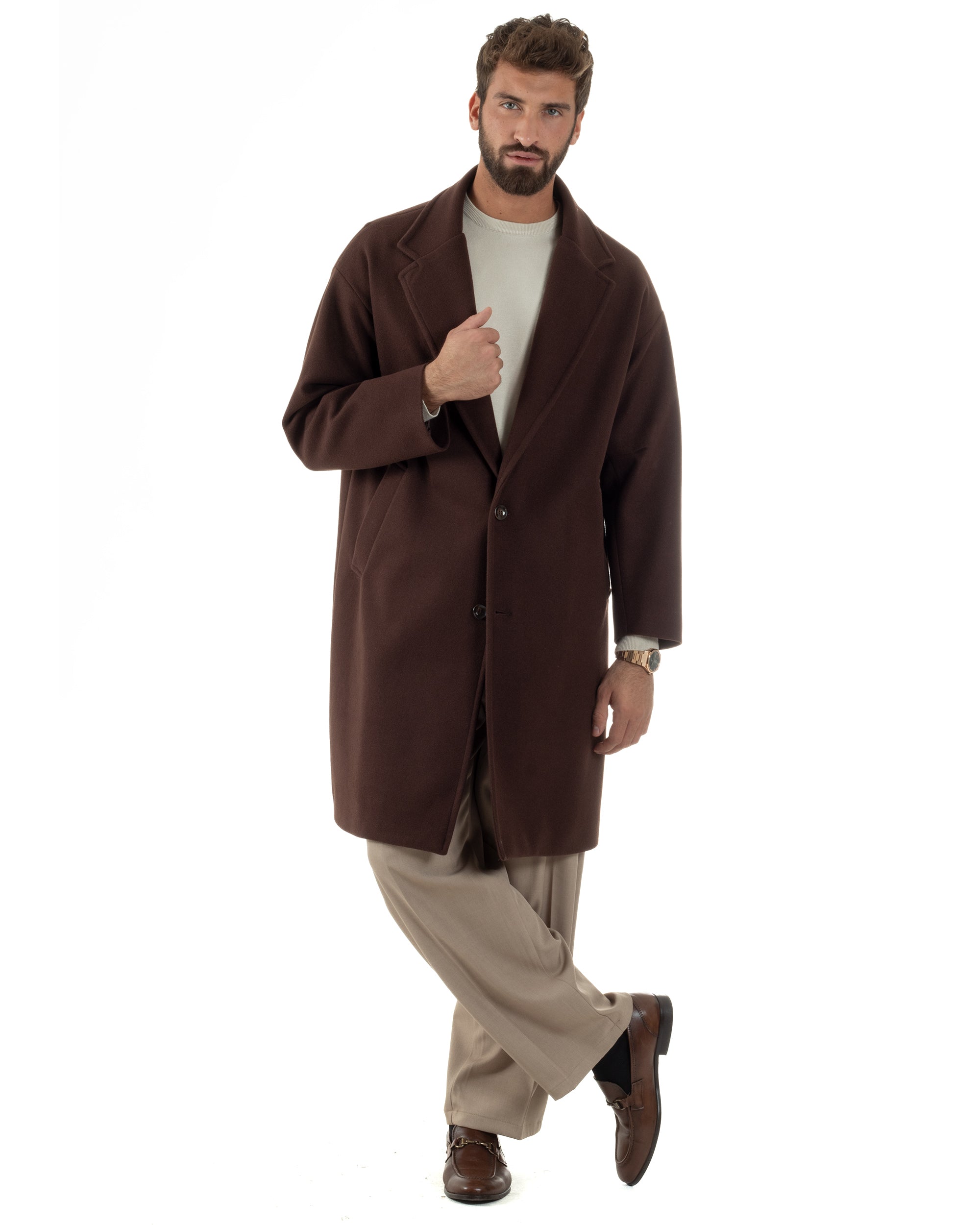 Cappotto Uomo Oversize Monopetto Maniche Raglan Collo Rever Marrone CO1076A