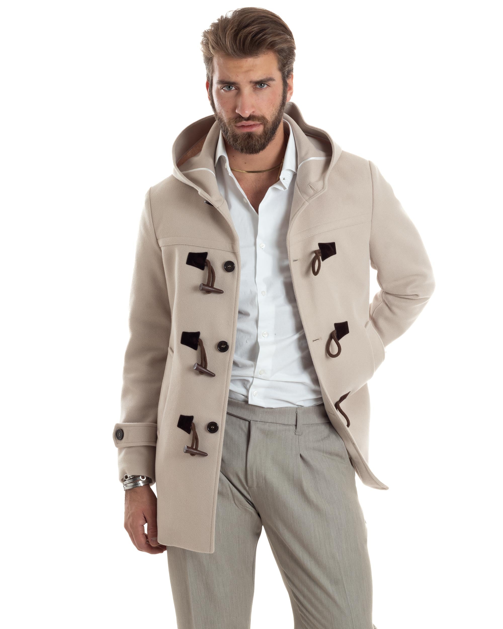 Cappotto Uomo Lana Montgomery Con Alamari E Cappuccio Giacca Calda Giubbotto Casual Giaccone Sartoriale Beige GIOSAL-CO1044A