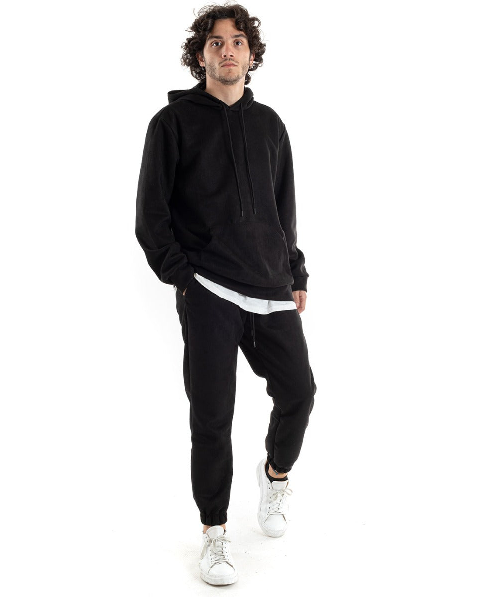 Complete Suit for Men Comfortable Suede Hooded Sweatshirt Trousers Relaxed Fit Black GIOSAL-OU1746A