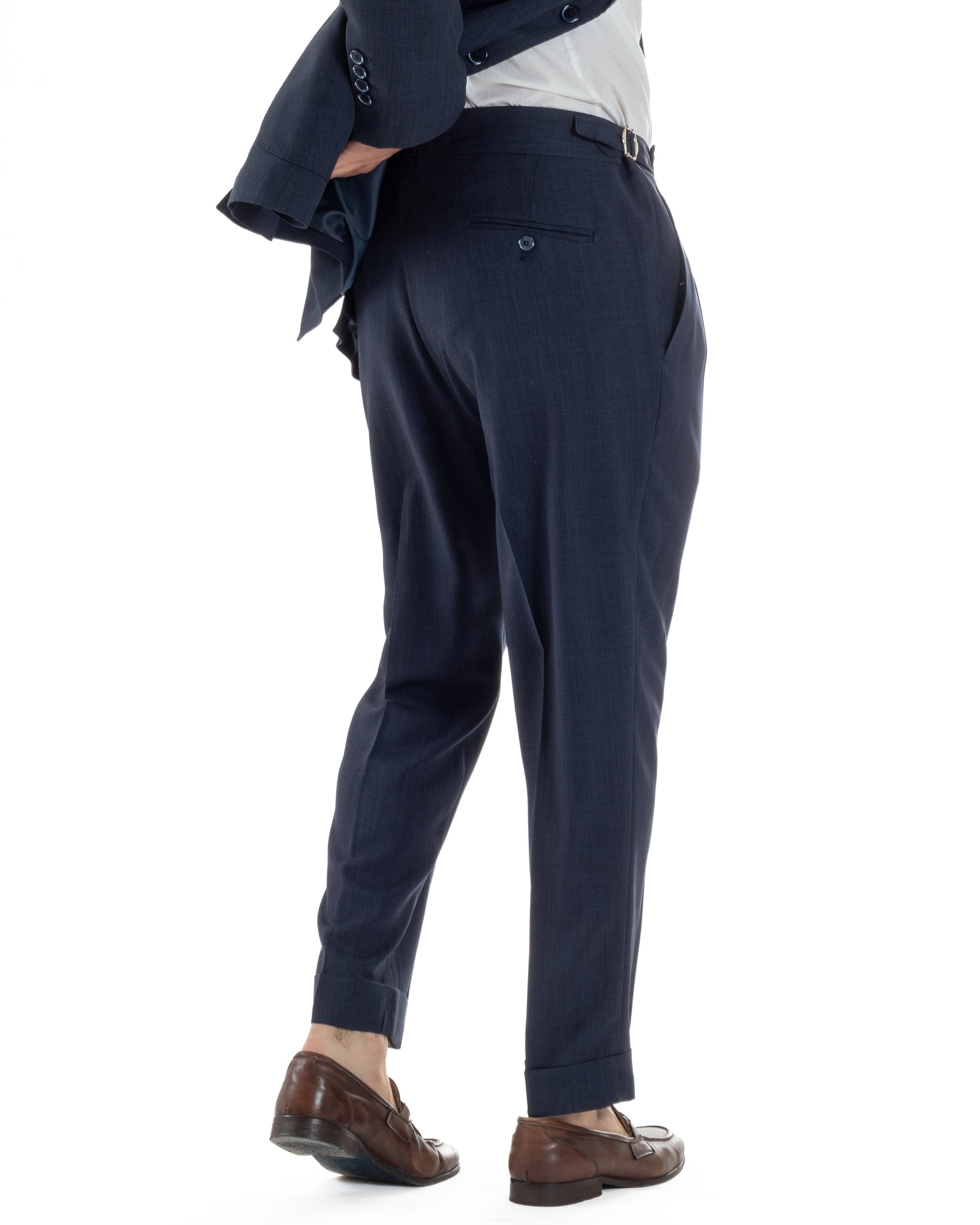 Abito Uomo Monopetto Melangiato Vestito Completo Sartoriale Elegante Giacca Rever A Lancia Pantaloni Gurkha Fibbie Blu GIOSAL-AE1141A
