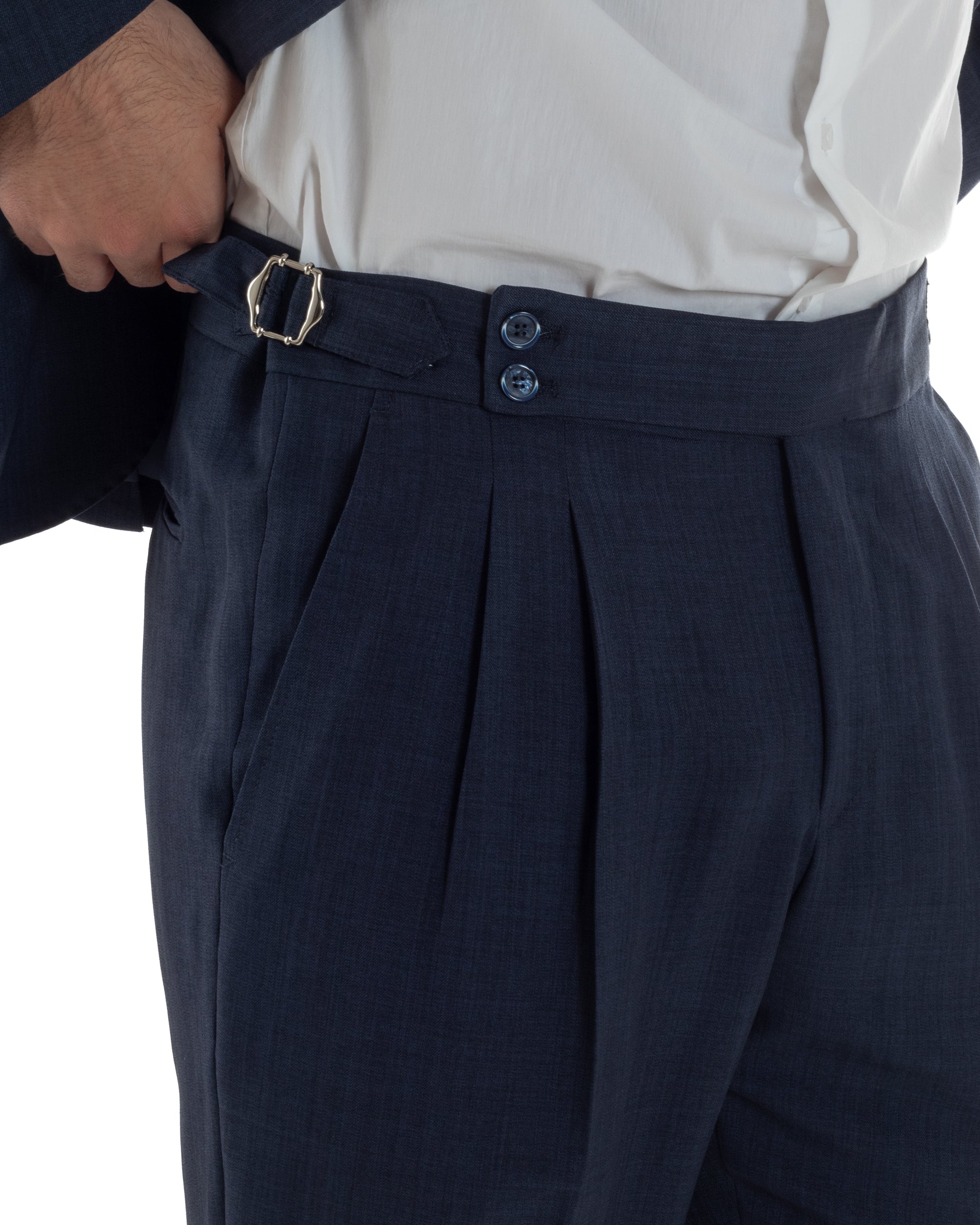 Abito Uomo Monopetto Melangiato Vestito Completo Sartoriale Elegante Giacca Rever A Lancia Pantaloni Gurkha Fibbie Blu GIOSAL-AE1141A