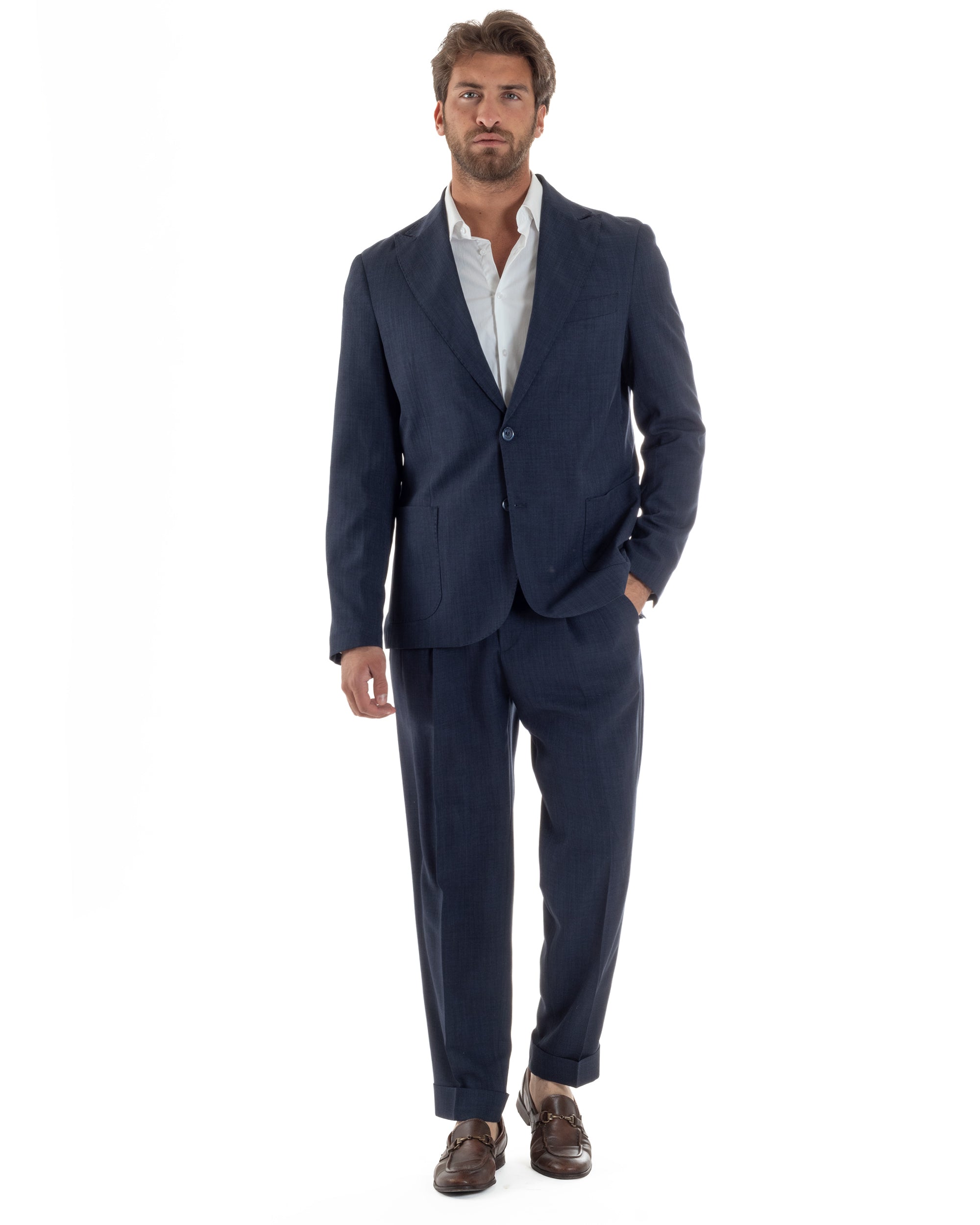 Abito Uomo Monopetto Melangiato Vestito Completo Sartoriale Elegante Giacca Rever A Lancia Pantaloni Gurkha Fibbie Blu GIOSAL-AE1141A