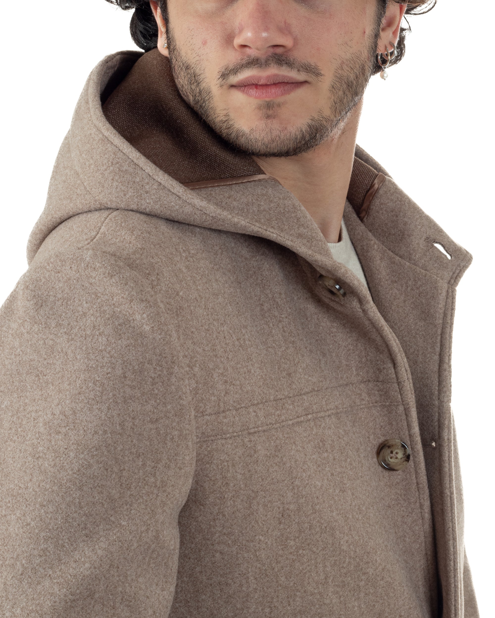 Cappotto Uomo Cappuccio Monopetto Tinta Unita Beige CO1104A