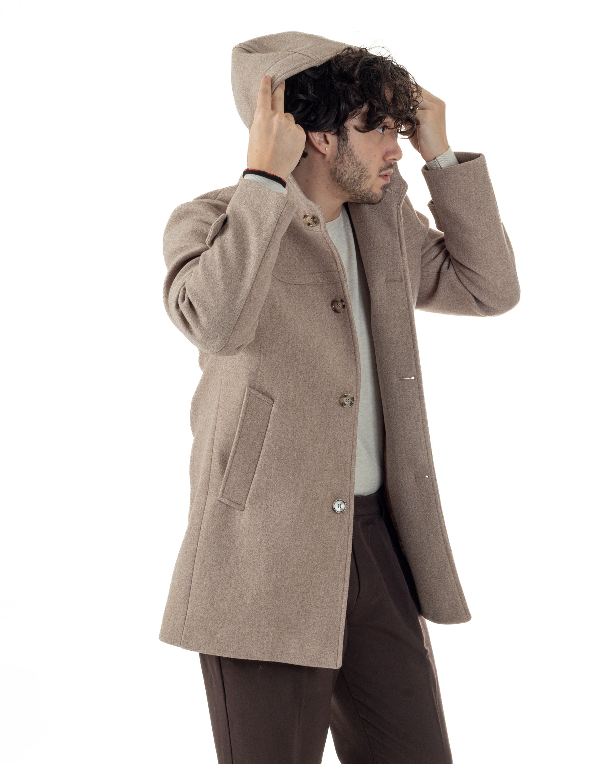 Cappotto Uomo Cappuccio Monopetto Tinta Unita Beige CO1104A