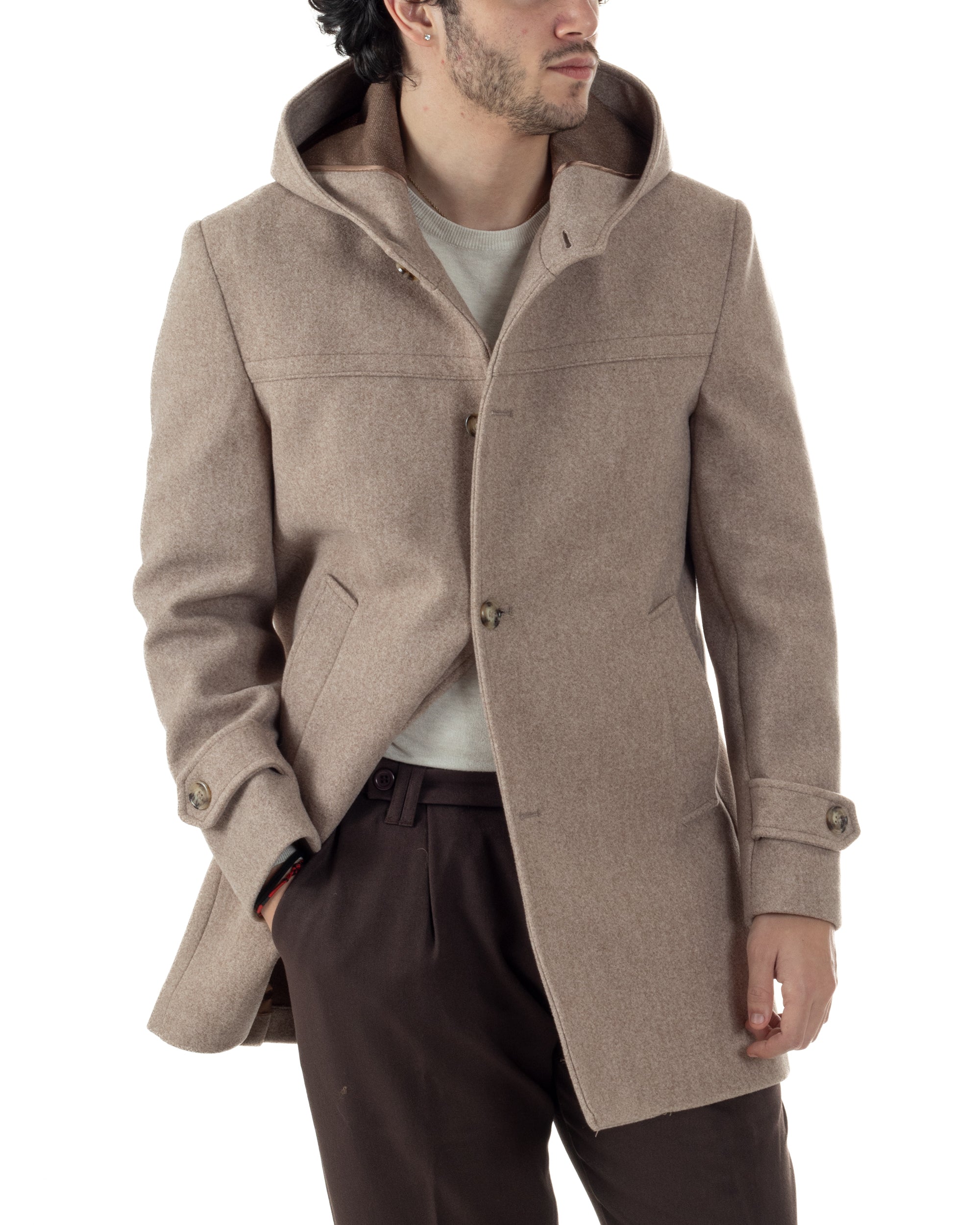 Cappotto Uomo Cappuccio Monopetto Tinta Unita Beige CO1104A