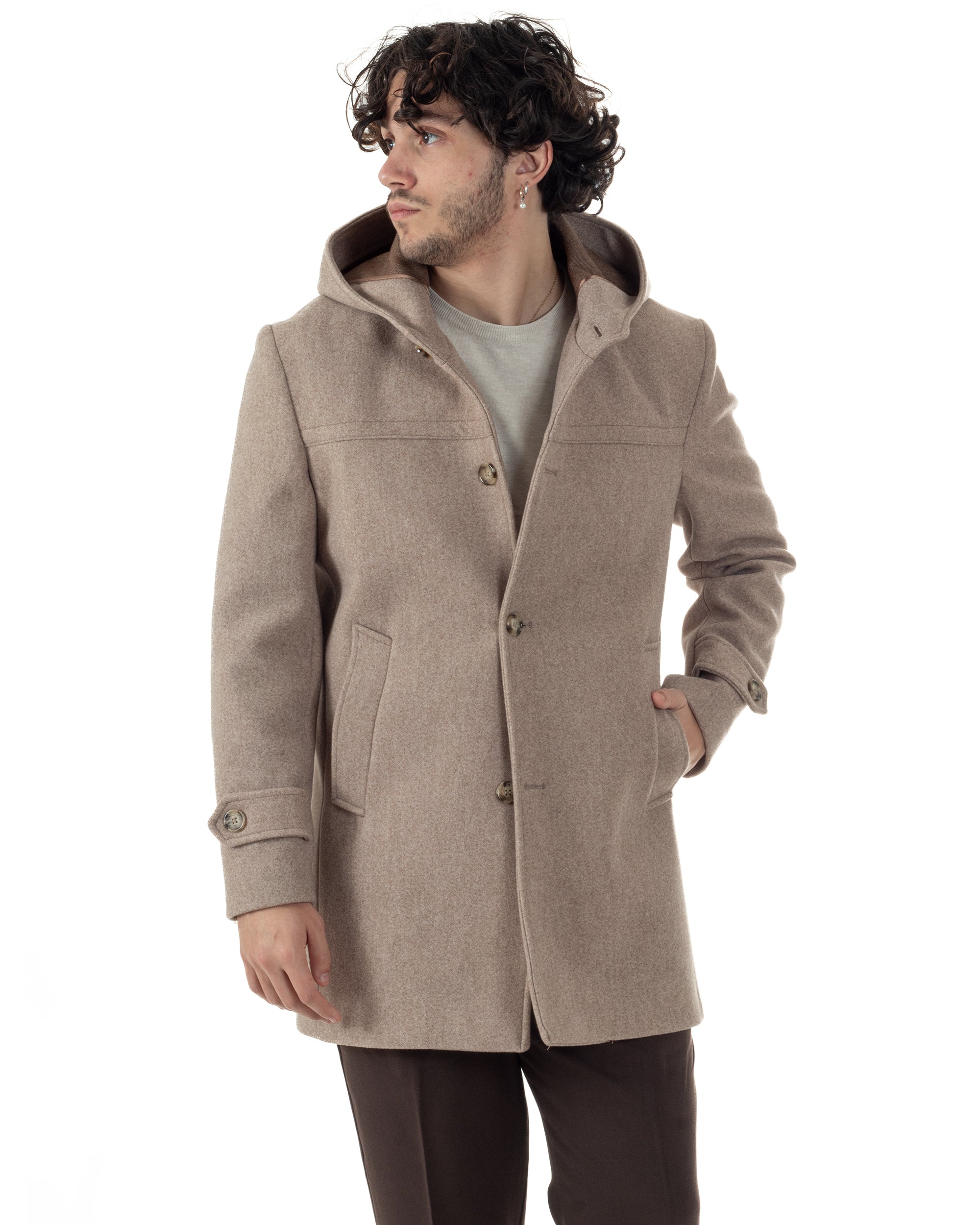 Cappotto Uomo Cappuccio Monopetto Tinta Unita Beige CO1104A