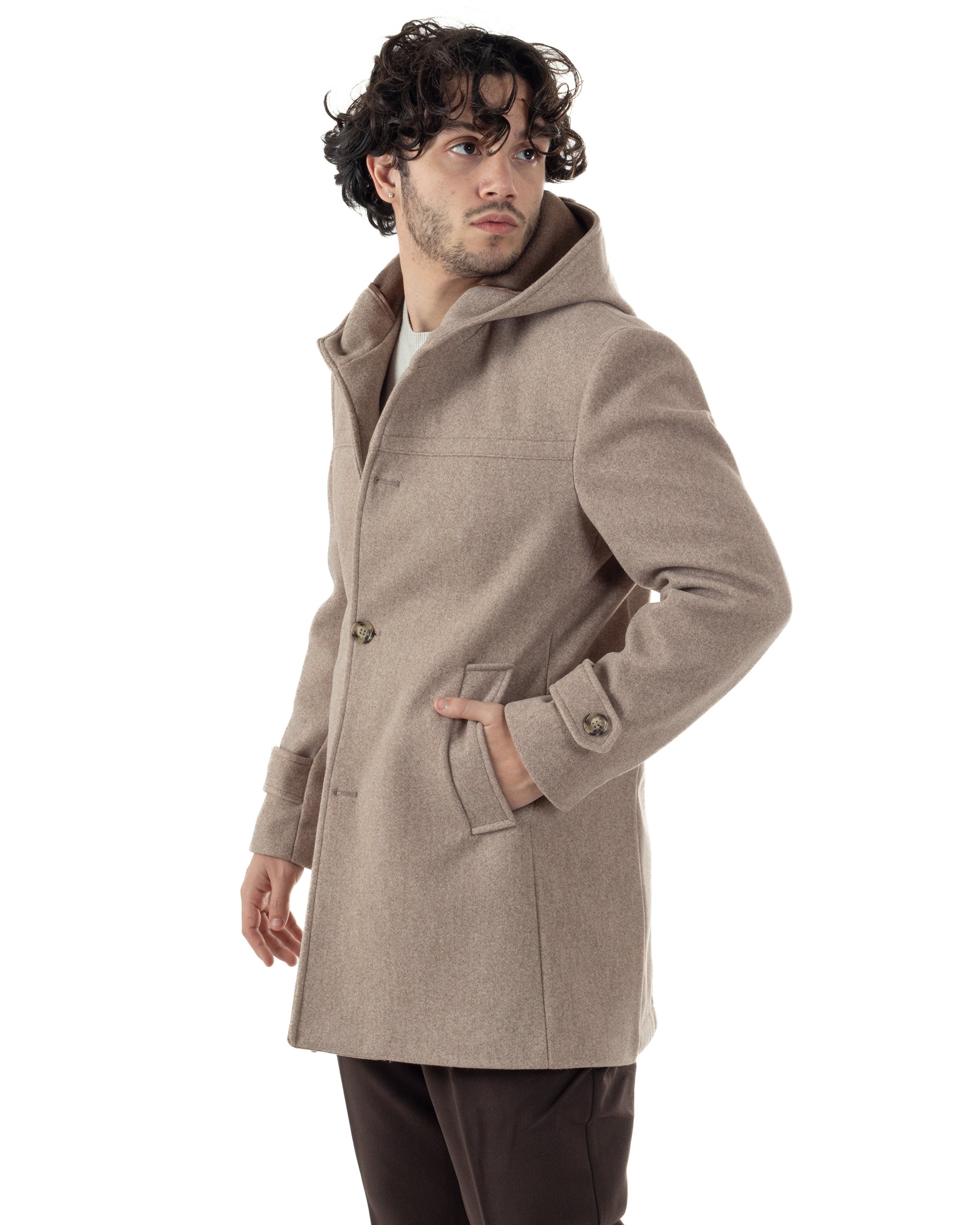 Cappotto Uomo Cappuccio Monopetto Tinta Unita Beige CO1104A