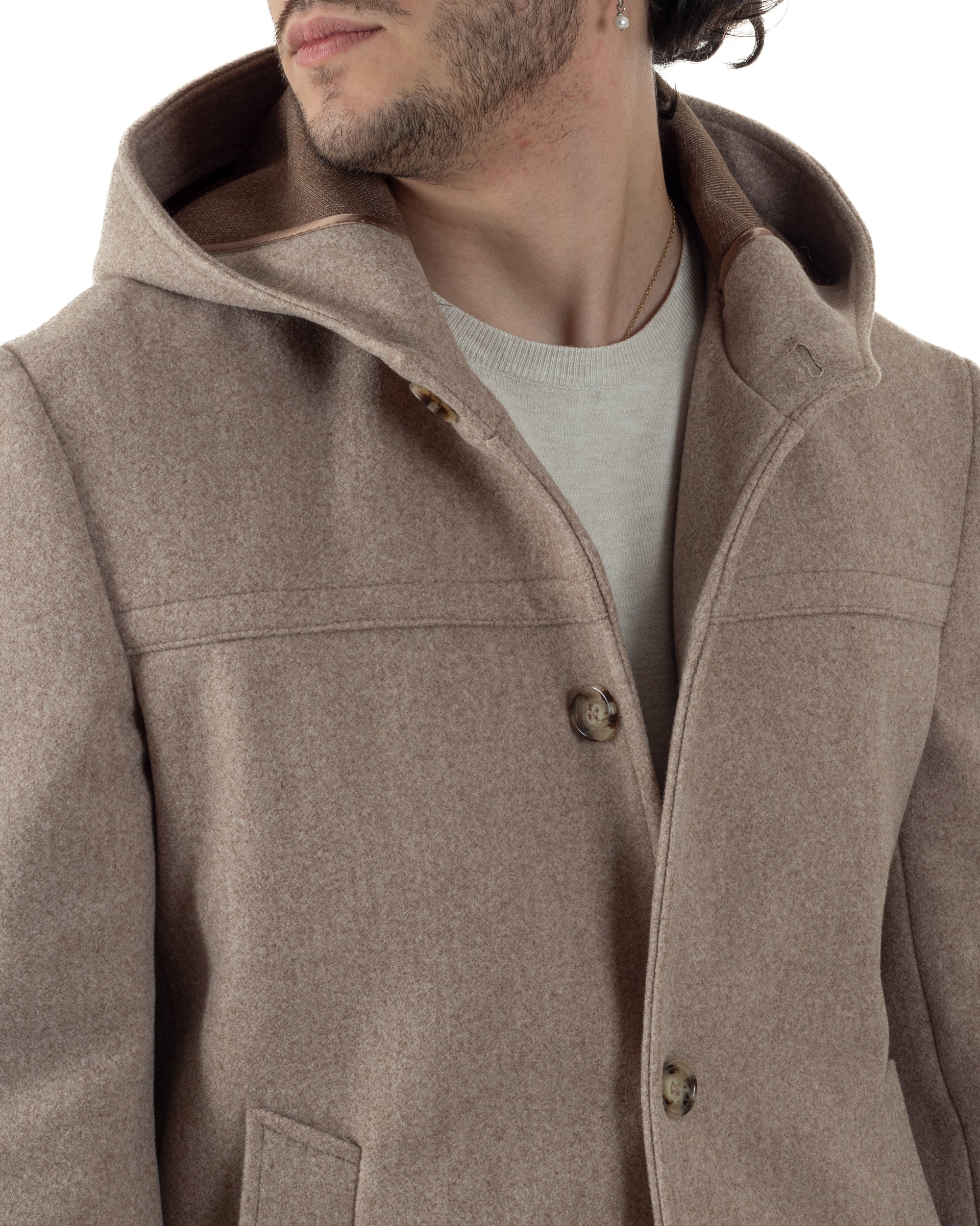 Cappotto Uomo Cappuccio Monopetto Tinta Unita Beige CO1104A
