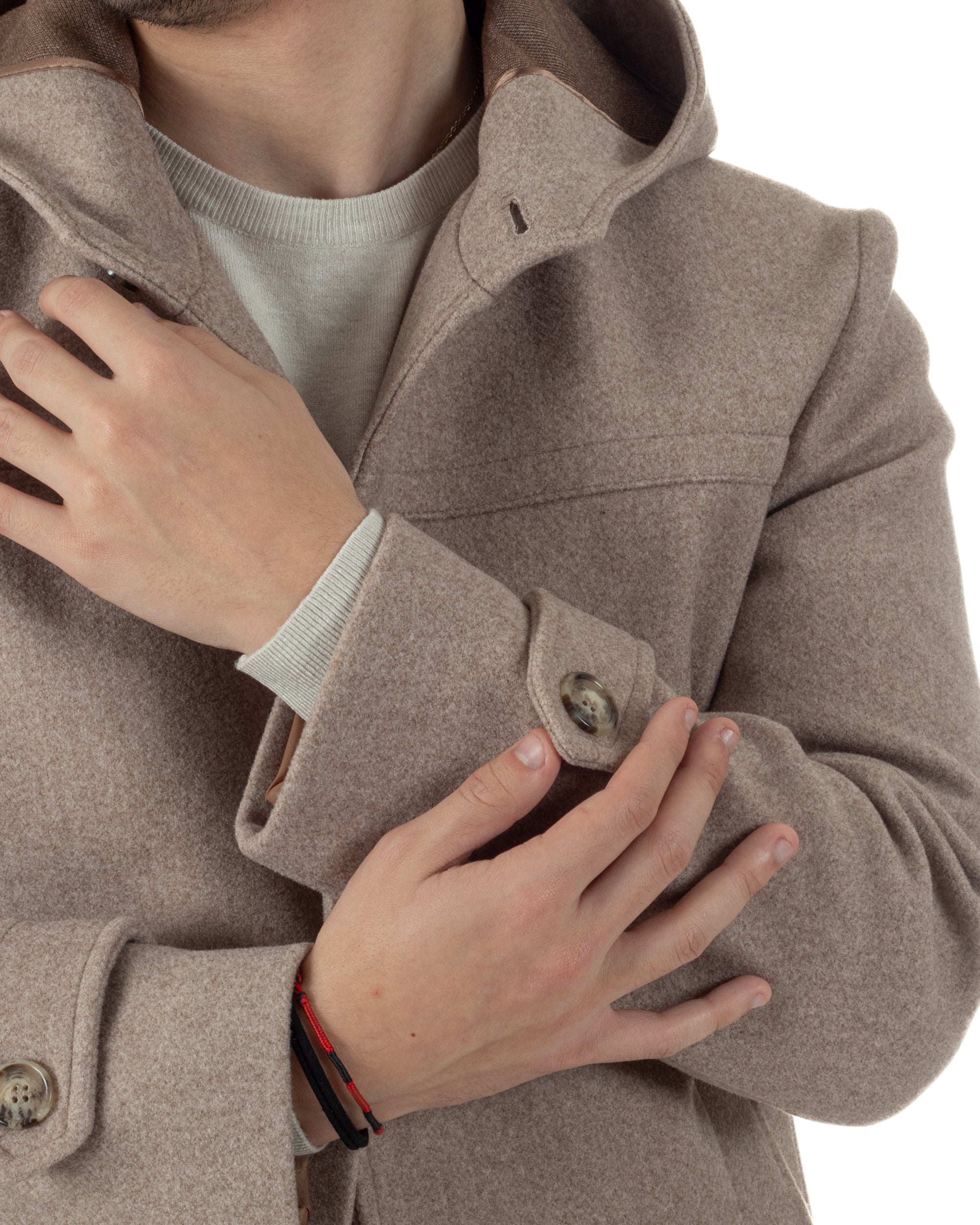 Cappotto Uomo Cappuccio Monopetto Tinta Unita Beige CO1104A