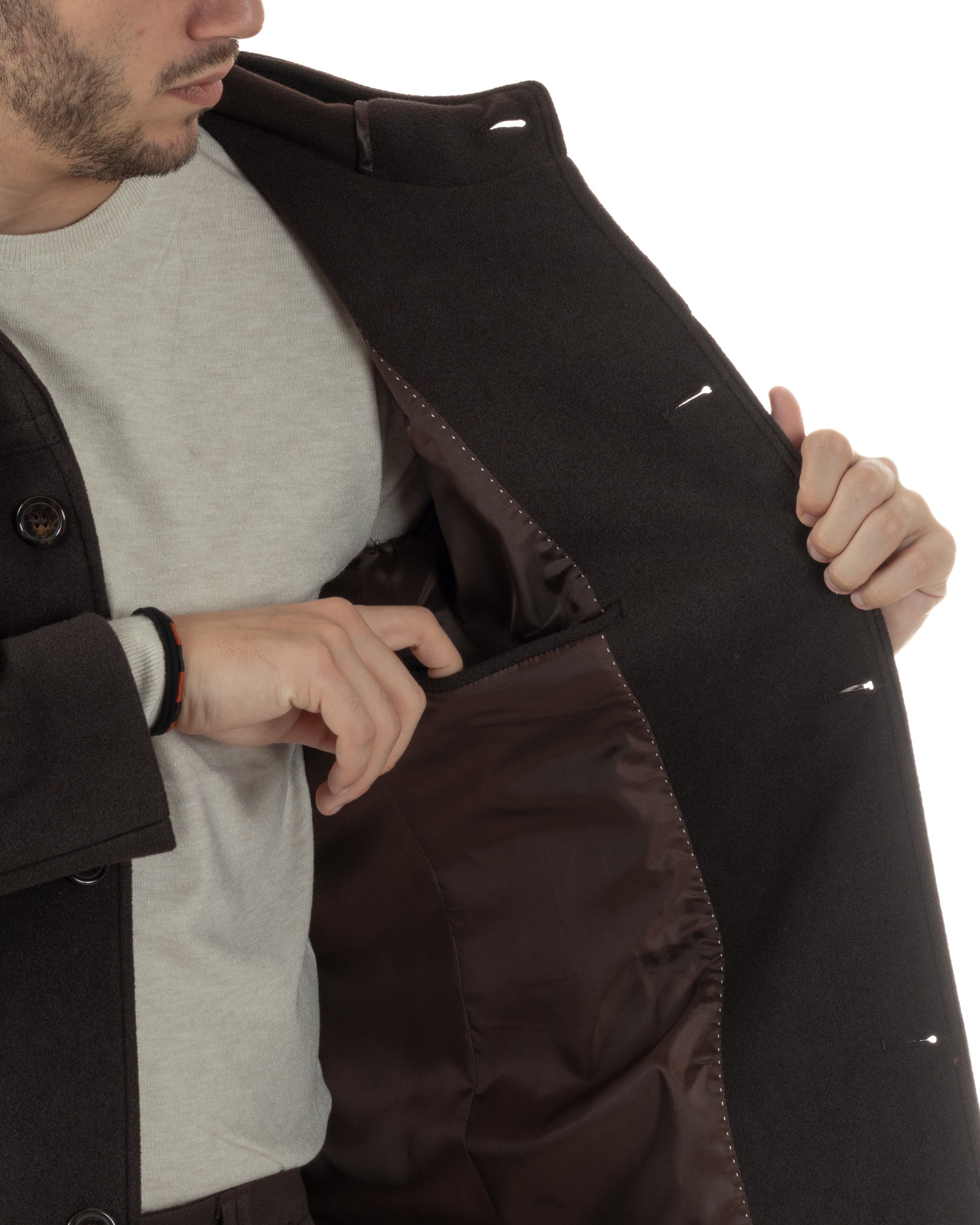 Cappotto Uomo Cappuccio Monopetto Tinta Unita Marrone CO1106A